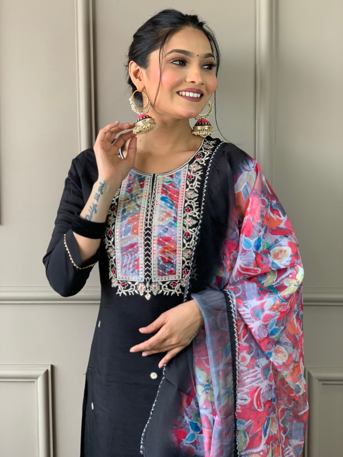 Black Rayon Slub Elegant Kurta Pant Set With Embroidery Work