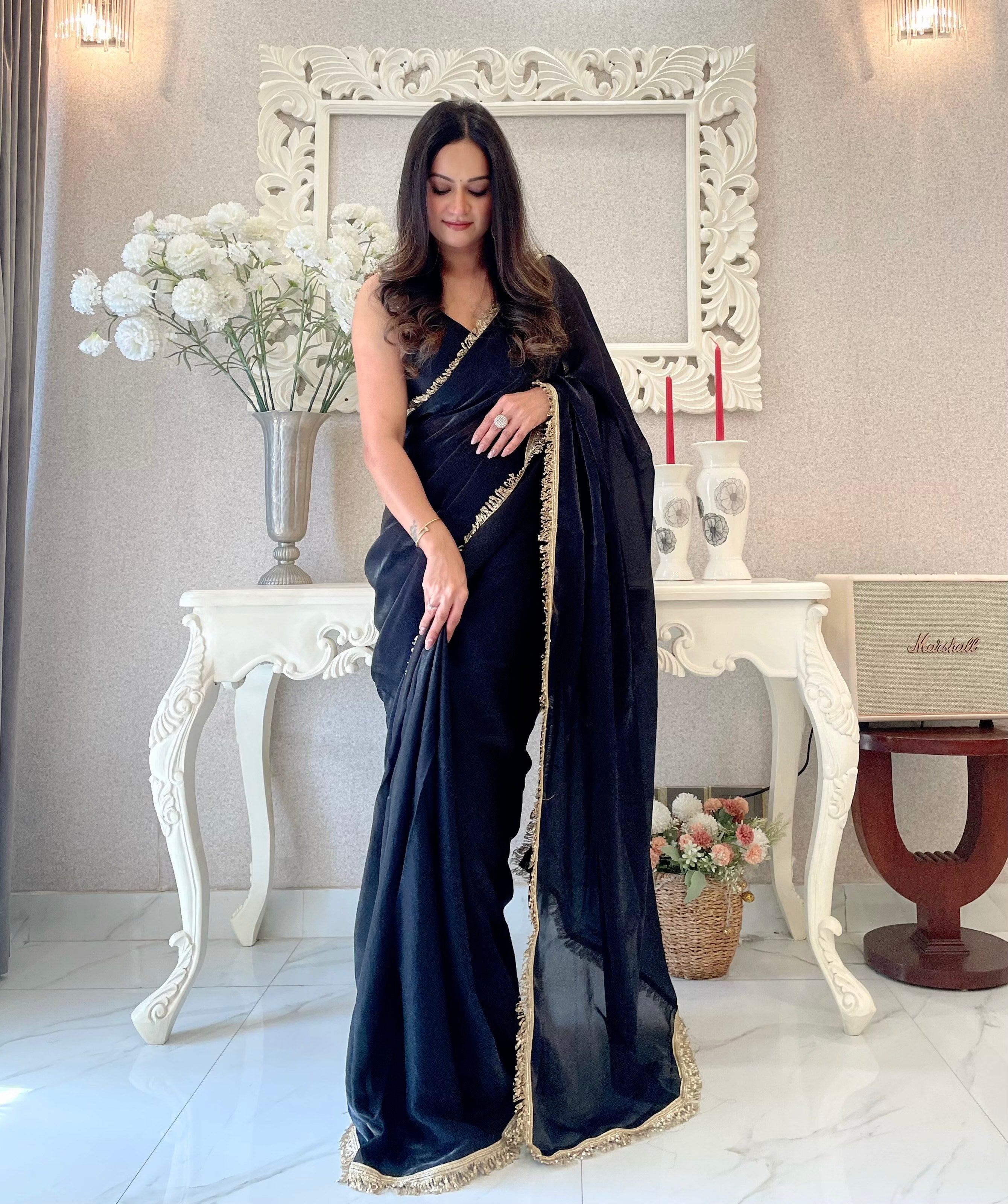 Black Ready To Wear Fendy Satin Saree Designed With Lace Border