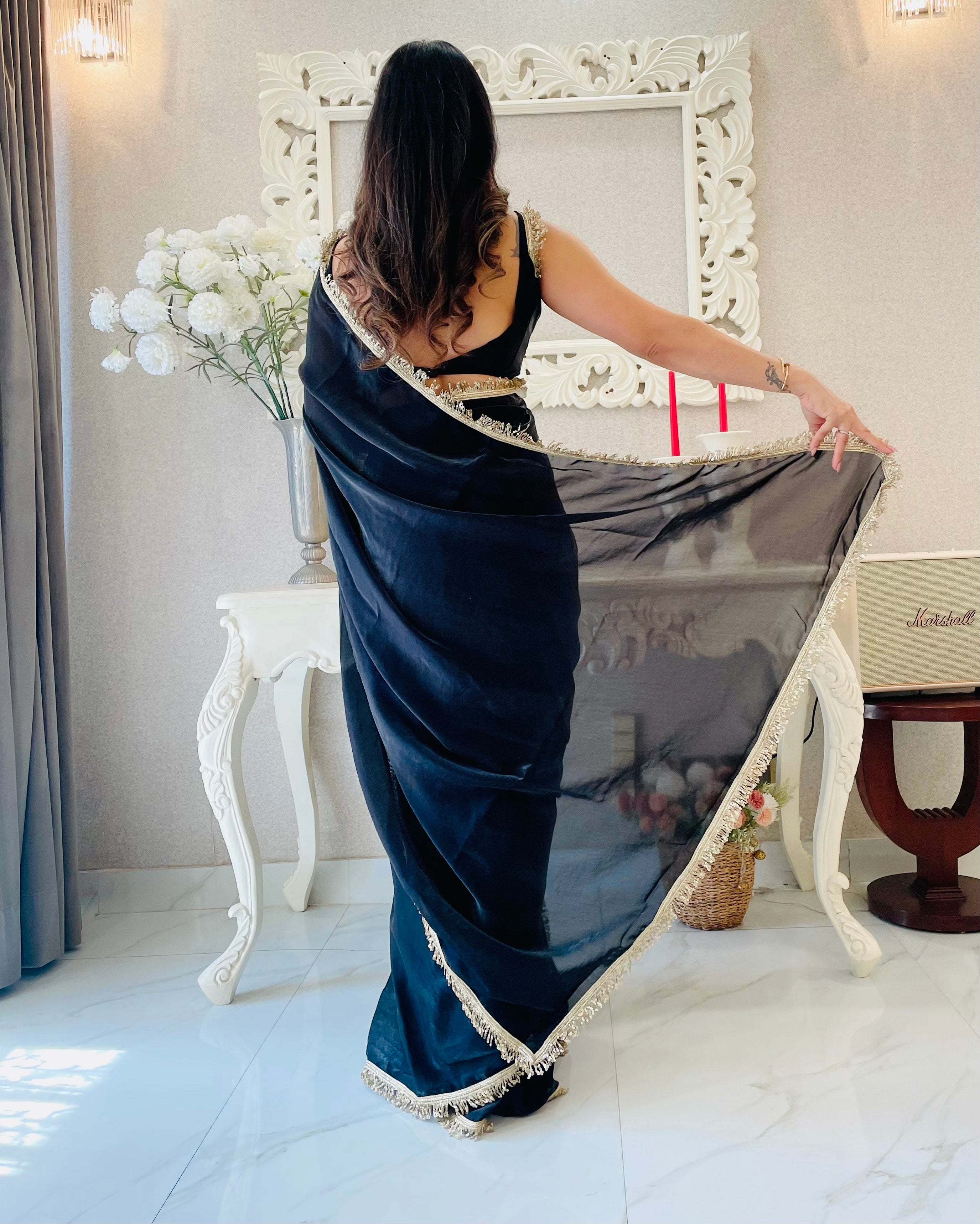 Black Ready To Wear Fendy Satin Saree Designed With Lace Border