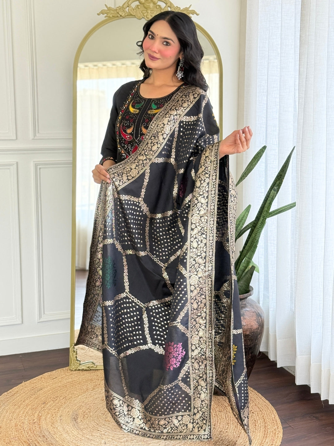 Black Roman Silk Elegant Kurta Pant Set With Embroidery Work