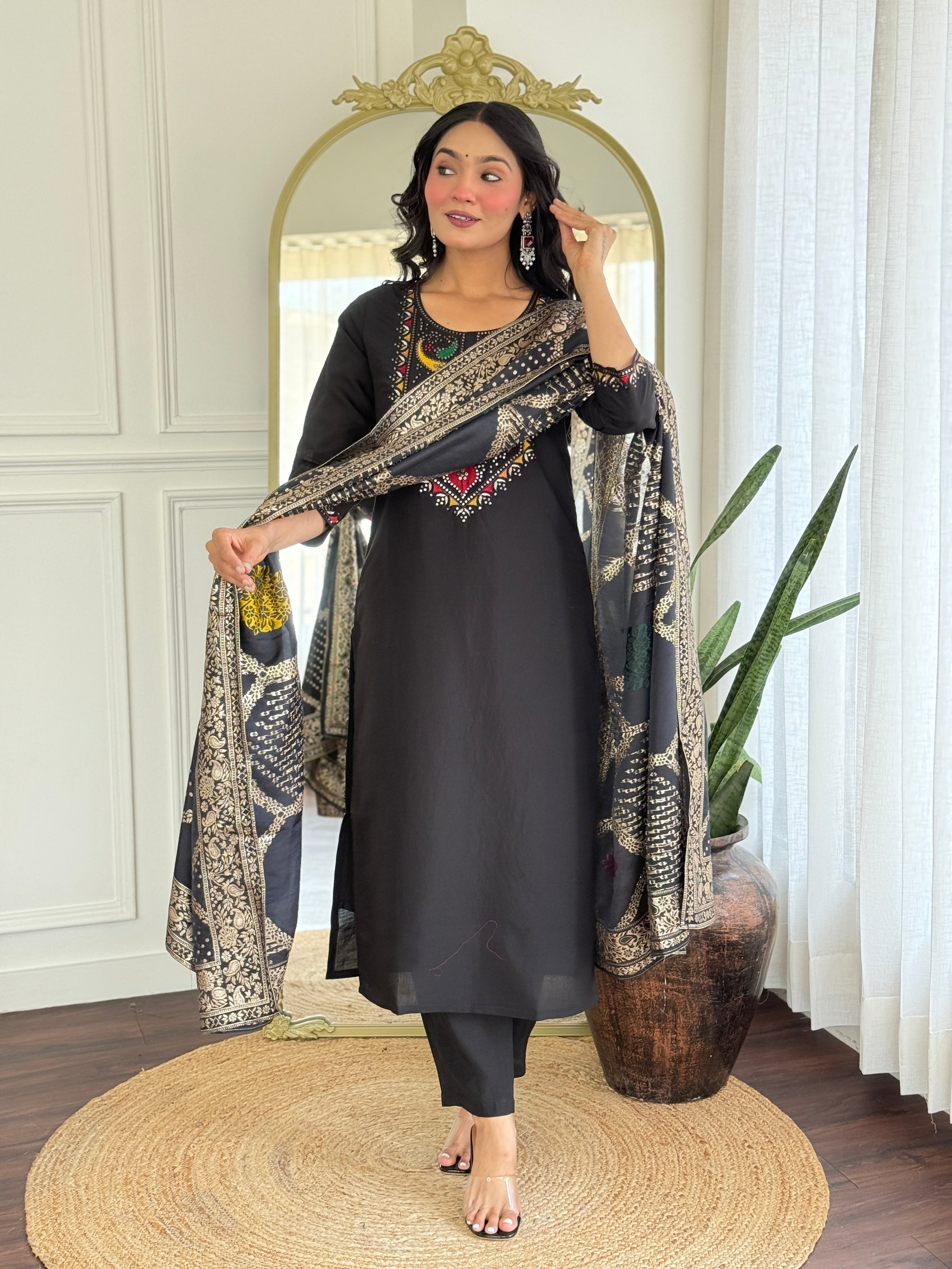 Black Roman Silk Kurta Pant with Heavy Thread Embroidery Sequins Work With Jacquard Dupatta