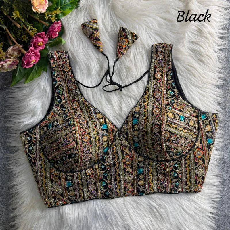 Black Royal Couture Heavy Neck Position Work Blouse Pure Crepe Embroidered & Sequined Partywear