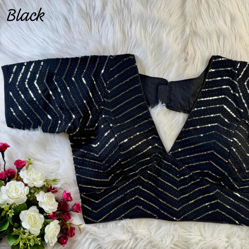 Black Sabyasachi-Inspired Deep Neck Embroidered Faux Georgette Blouse with Sequin Work
