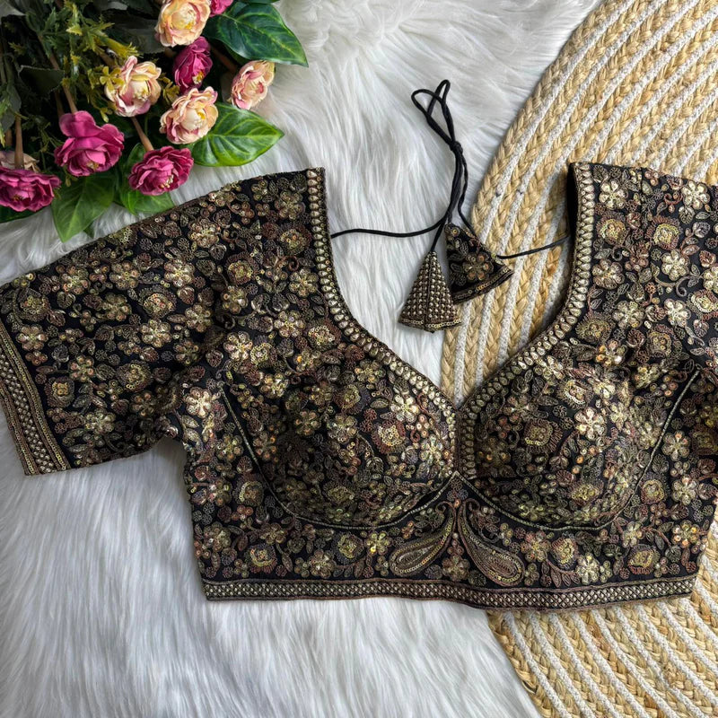 Black Sabyasachi Inspired Heavy Copper Work Bridal Blouse in Roman Silk with Embroidery & Sequins