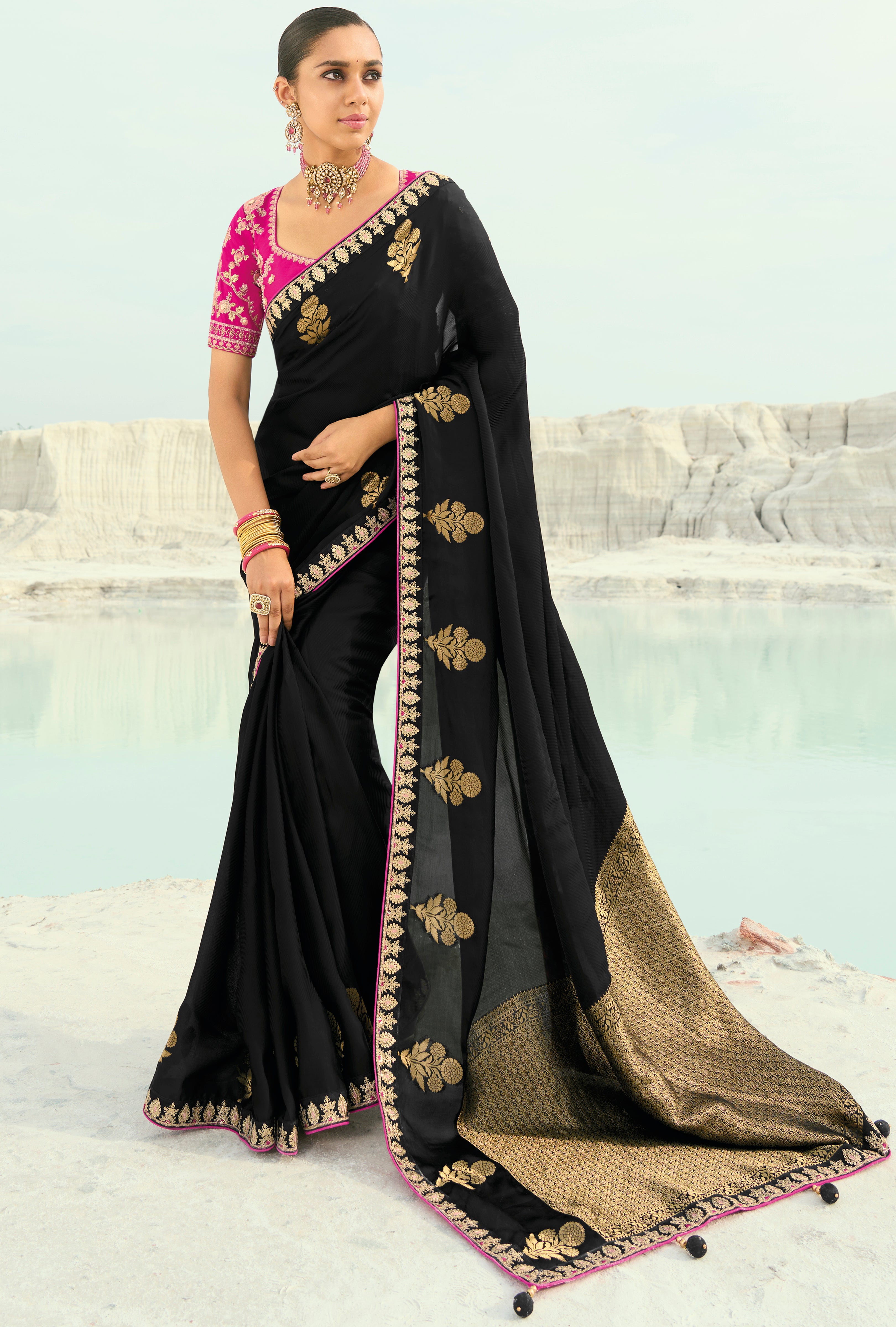 Black Saree With Coding Border With Cut-Dana, Moti Heavy Work Blouse