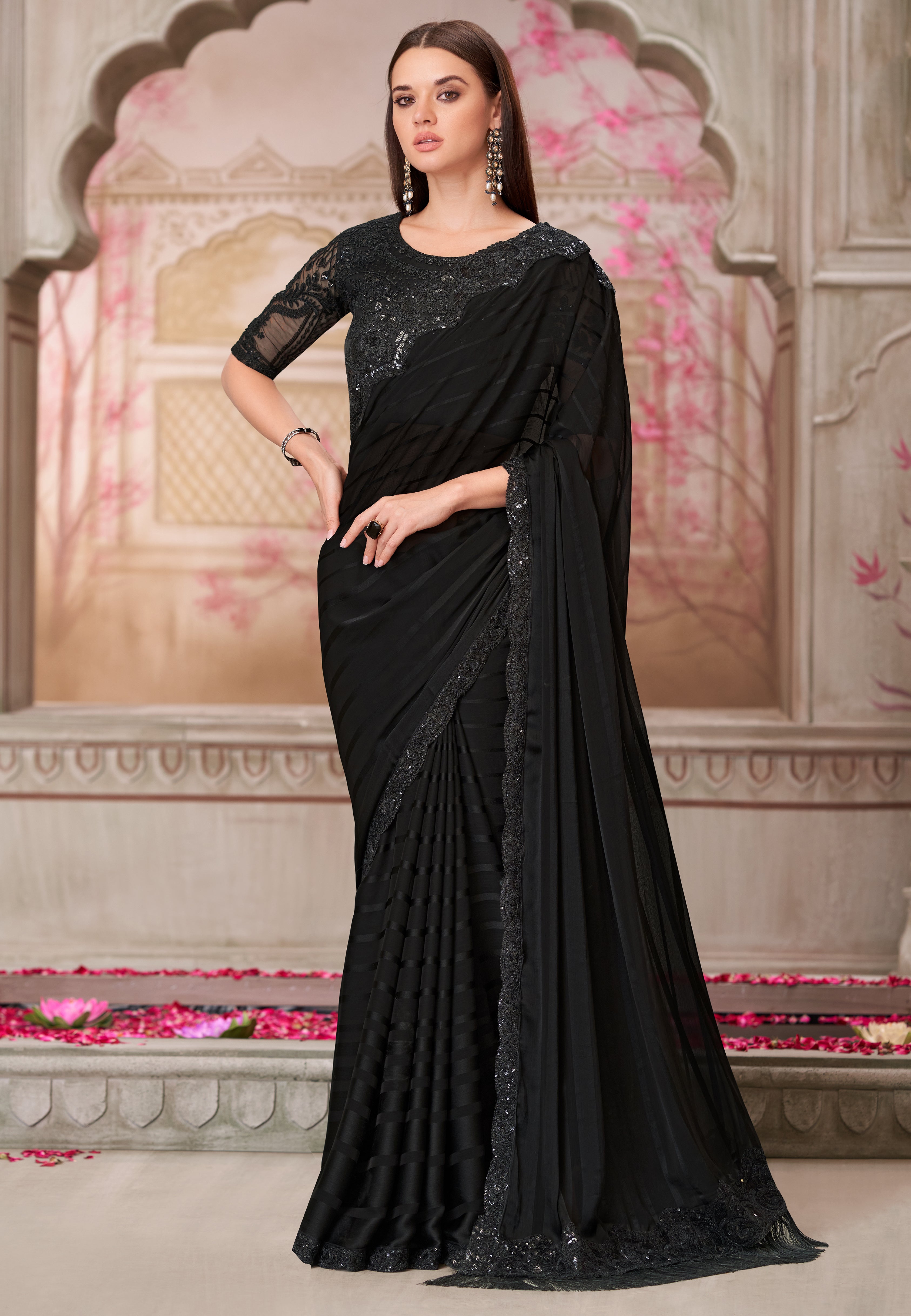 Black Saree With Heavy Thread Embroidery Sequins Border Work With Embroidery Blouse
