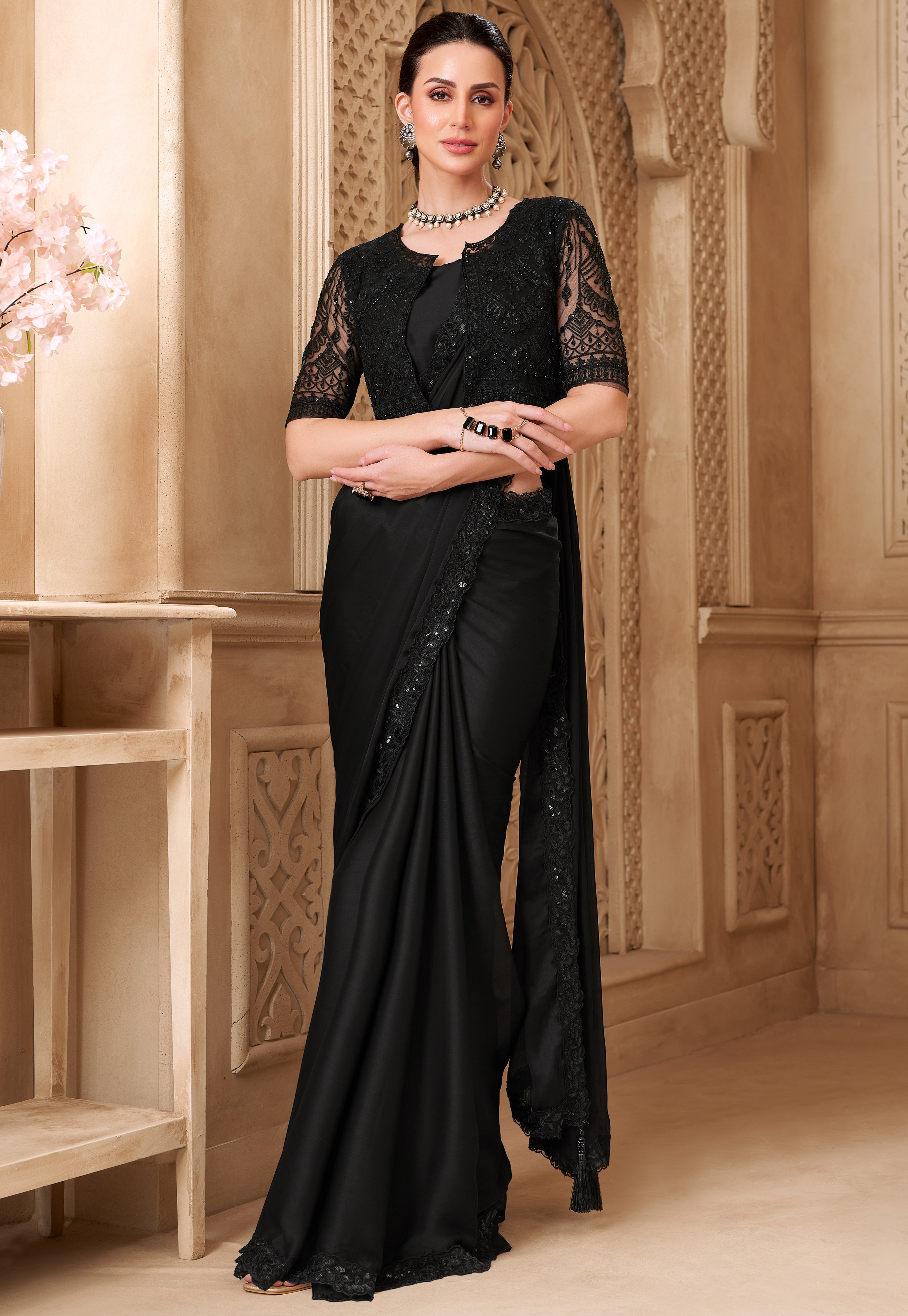 Black Saree With Heavy Thread Embroidery Sequins Border Work With Embroidery Blouse Jacket