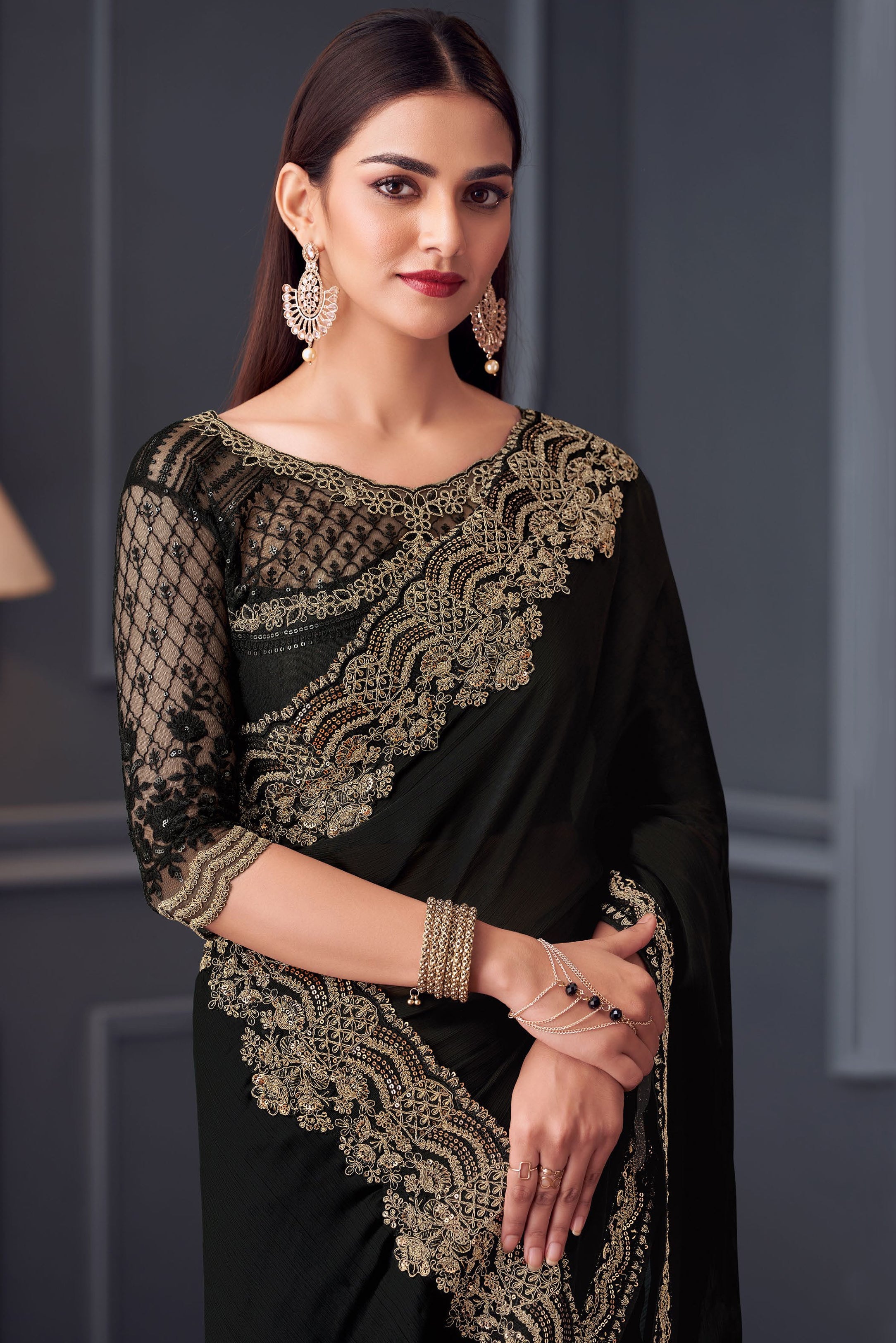 Black Saree With Heavy Thread Embroidery Sequins Work