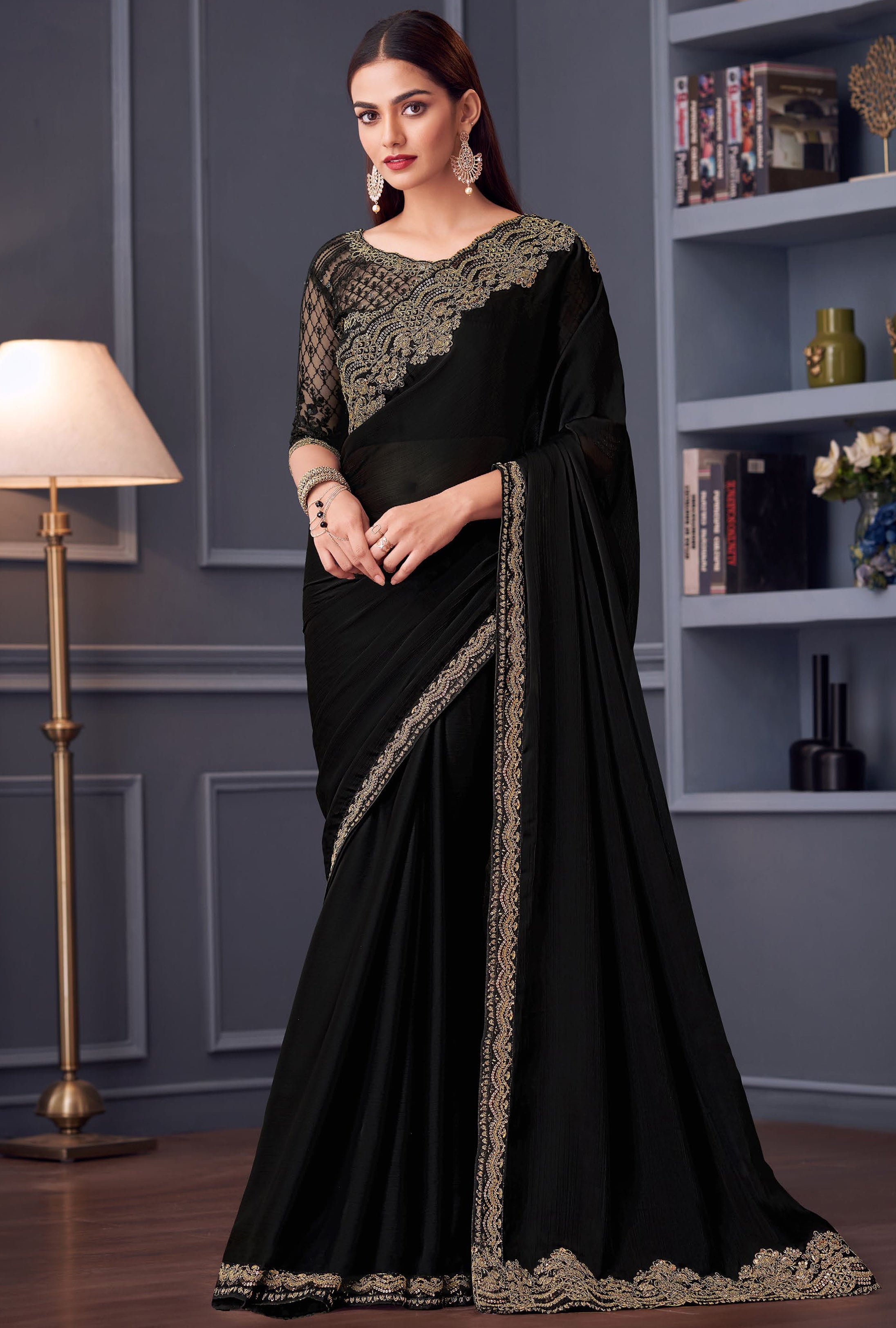 Black Saree With Heavy Thread Embroidery Sequins Work