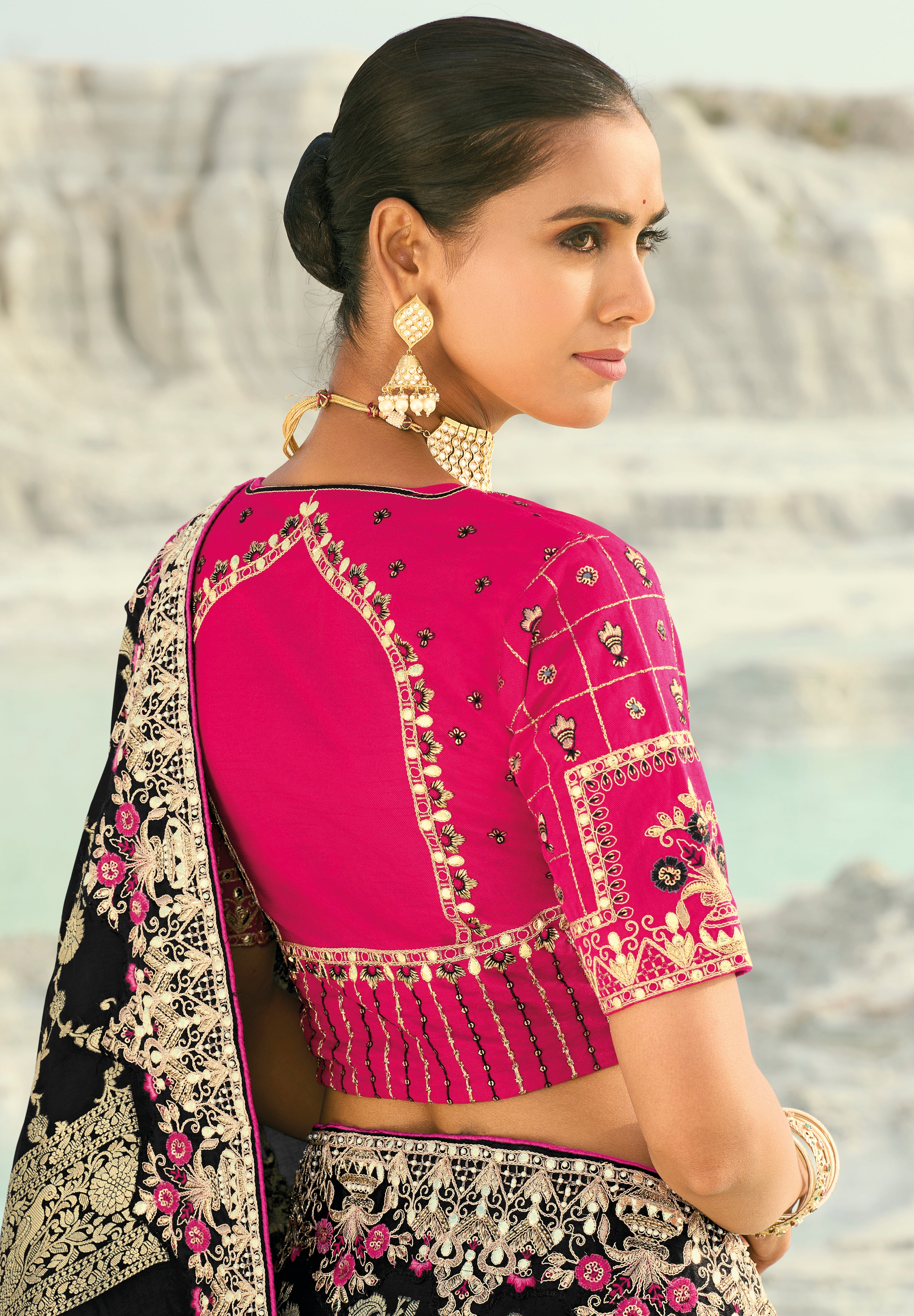 Black Saree With Jari, Thread, Moti With Cut-Dana Heavy Work