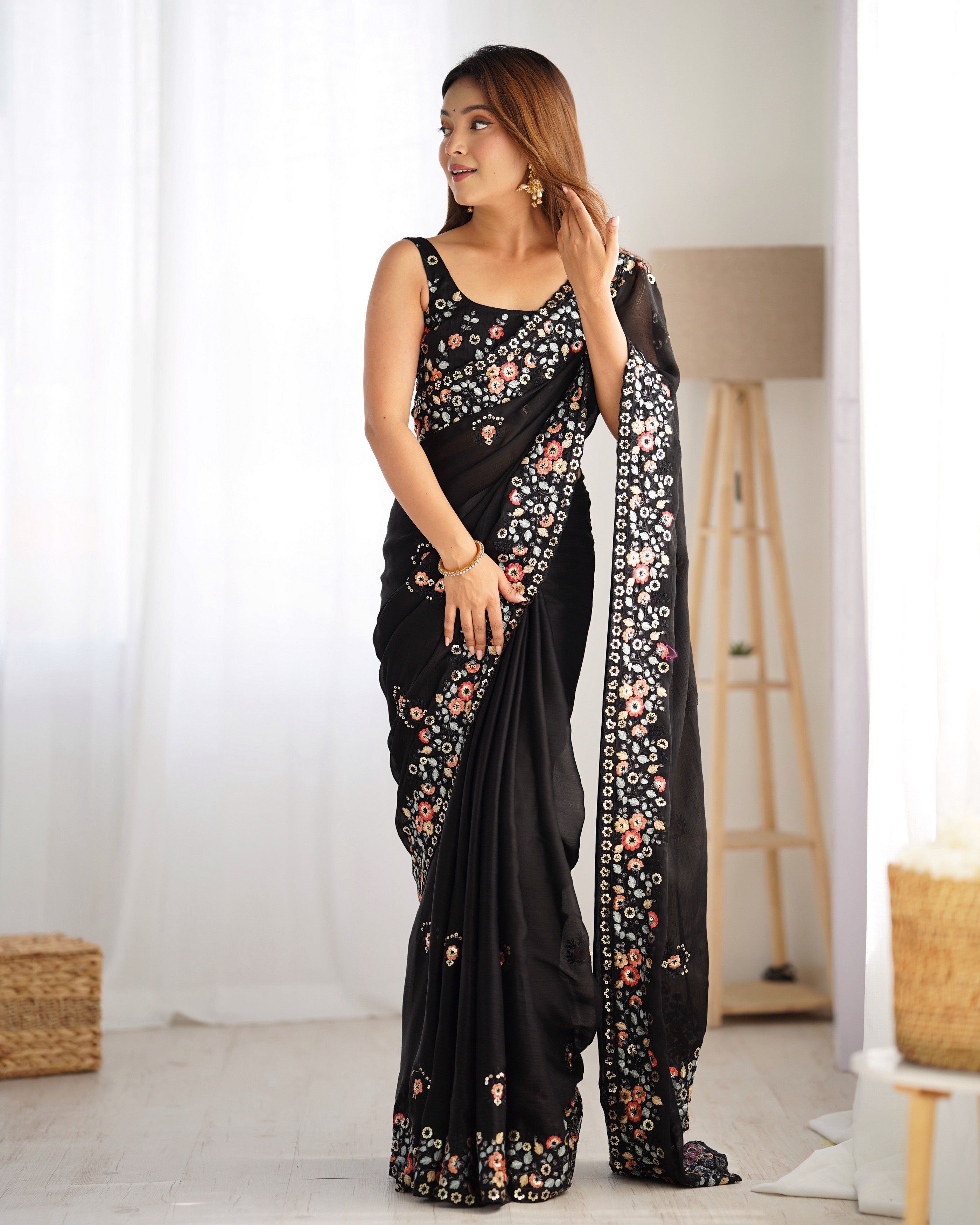 Black Satin Chiffon Heavy Bollywood Style Ceremonial Saree