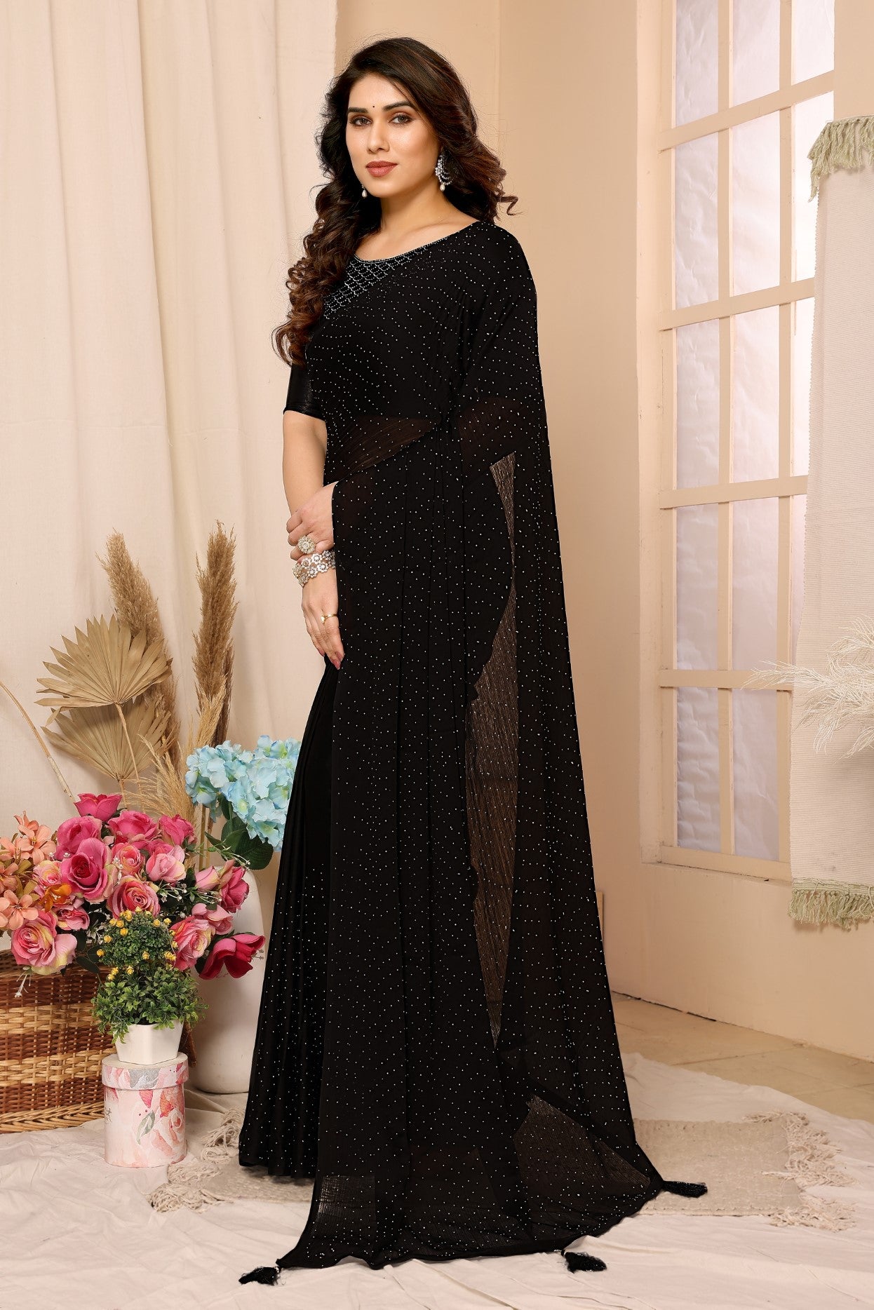 Black Satin Chiffon Saree With Stone Work Saree And Stone Work Blouse