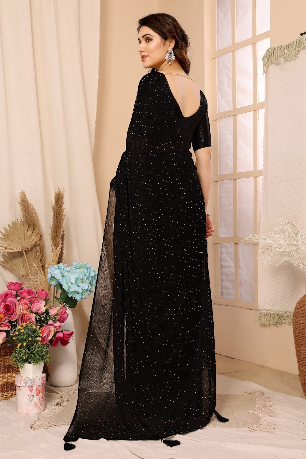 Black Satin Chiffon Saree With Stone Work Saree And Stone Work Blouse