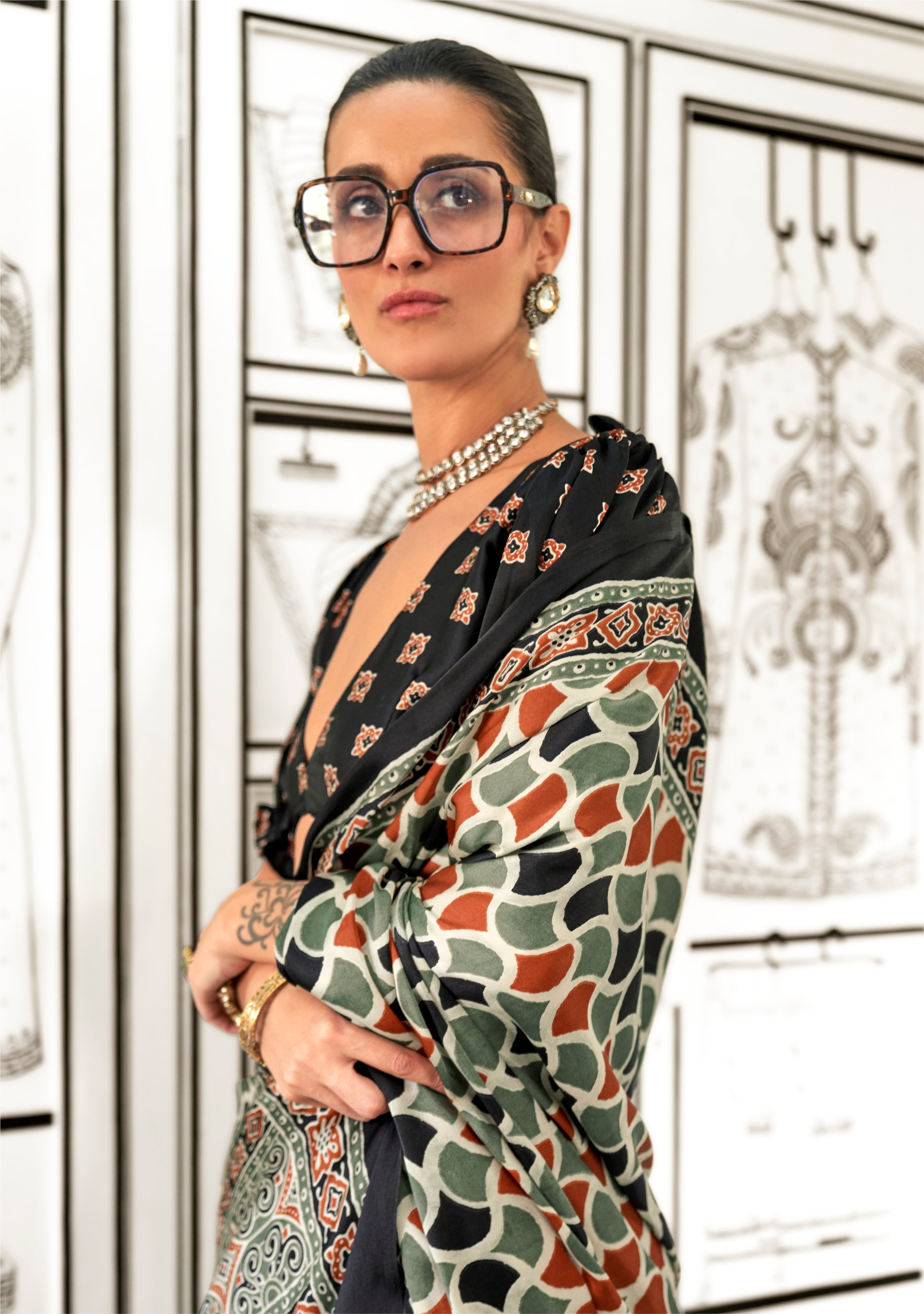 Black Satin Crape Saree With Digital Print