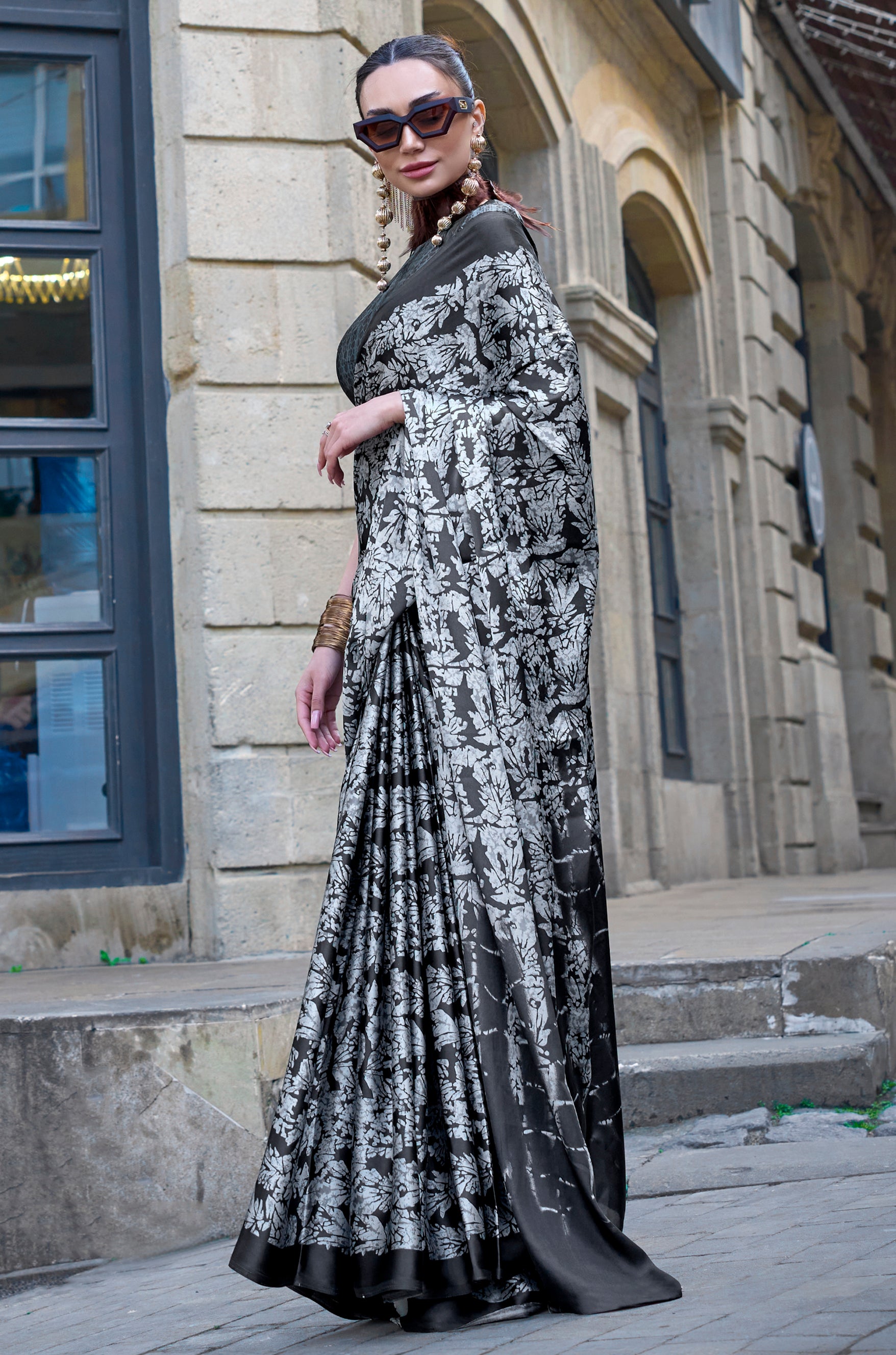 Black Satin Saree With Digital Print