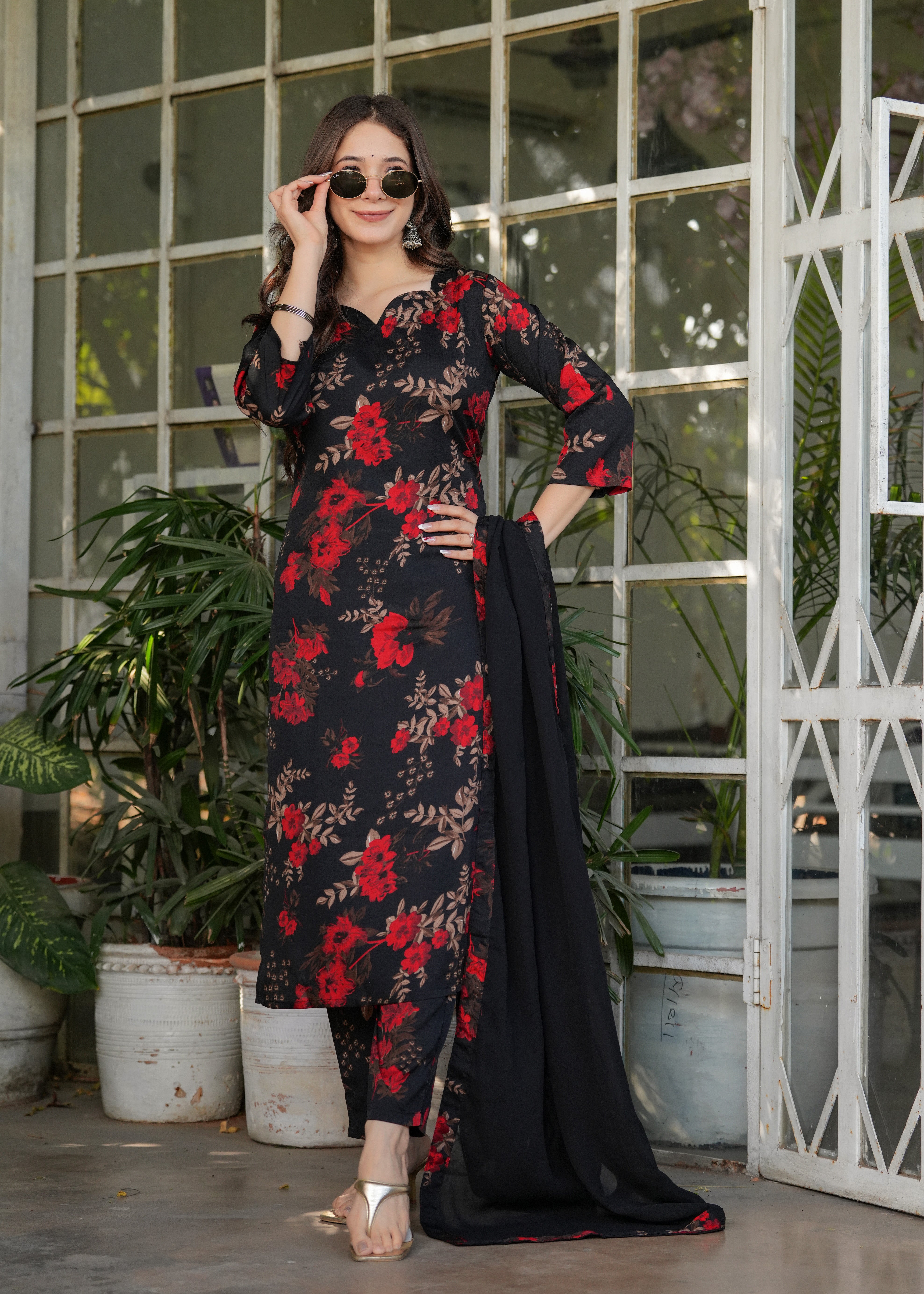 Black Silk Blend Elegant Kurta Pant Set With Print