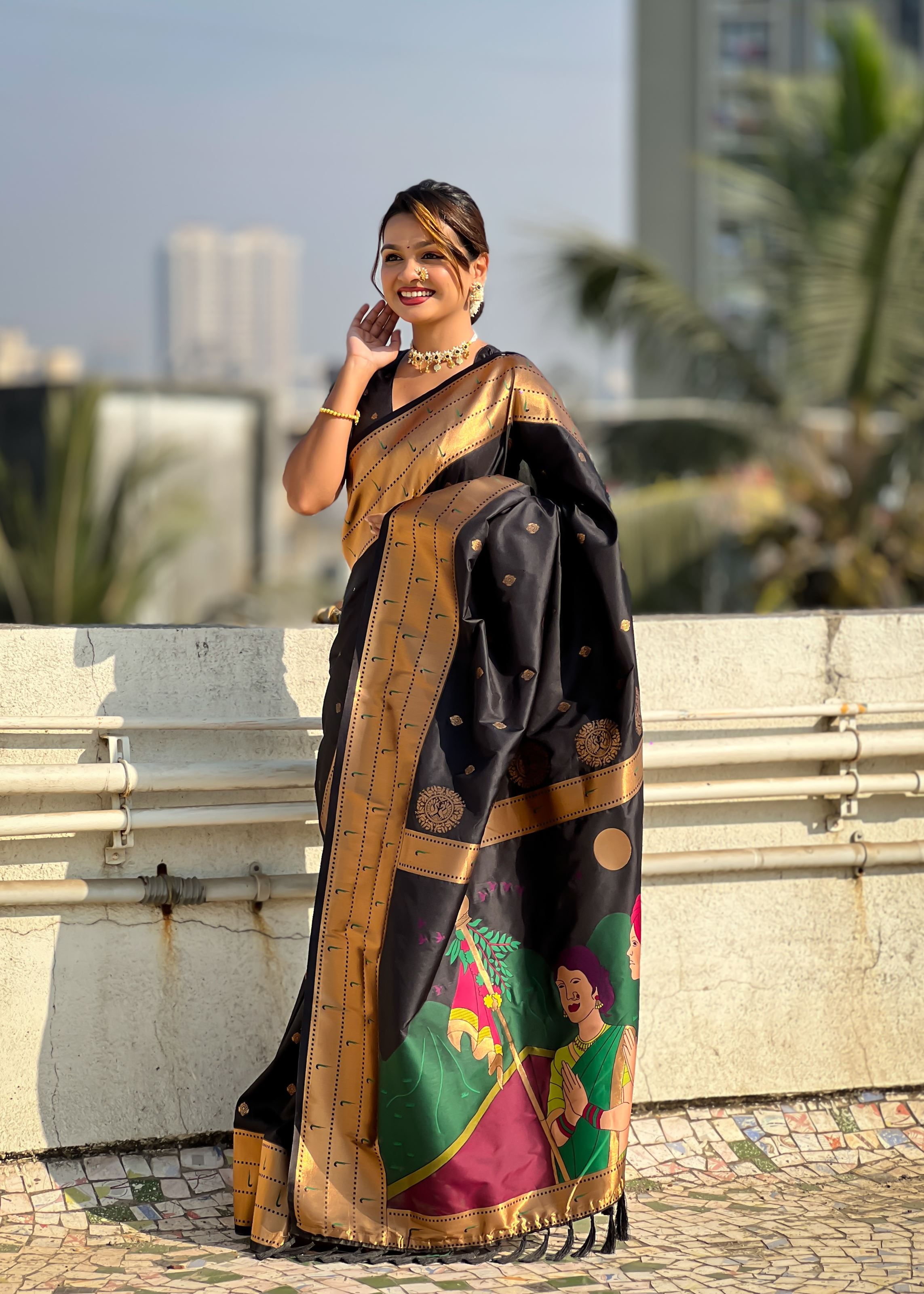 Black Silk Blend Paithani Saree With Gudi Padwa Print