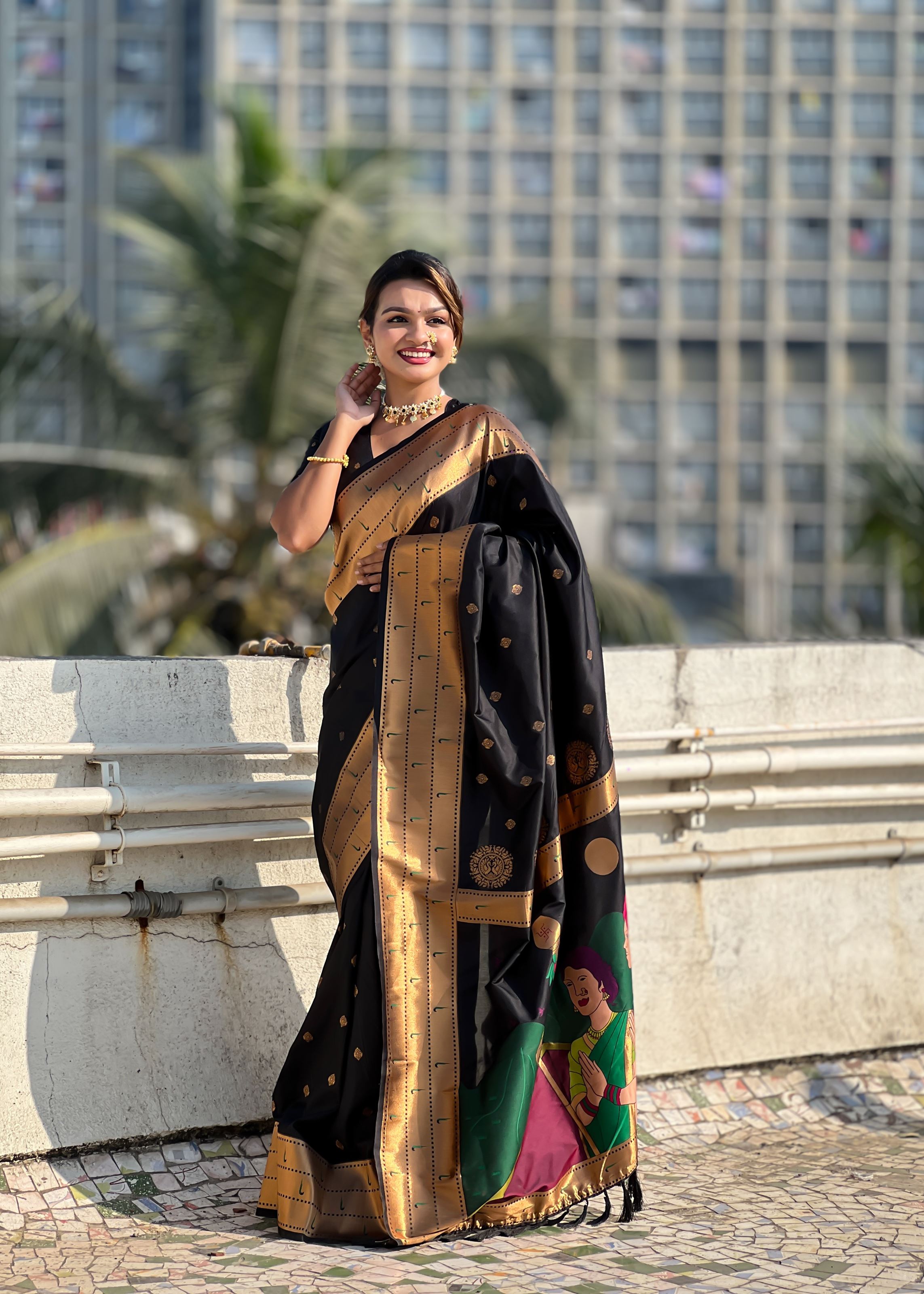 Black Silk Blend Paithani Saree With Gudi Padwa Print