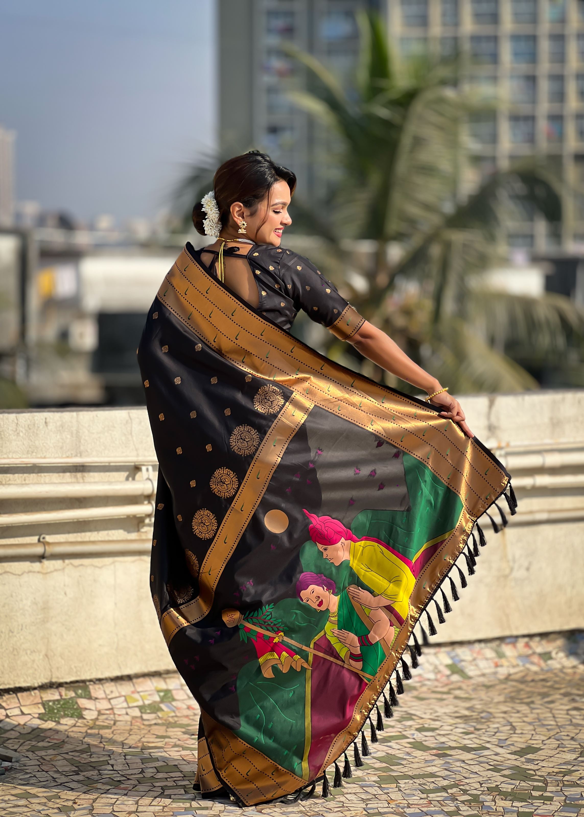 Black Silk Blend Paithani Saree With Gudi Padwa Print