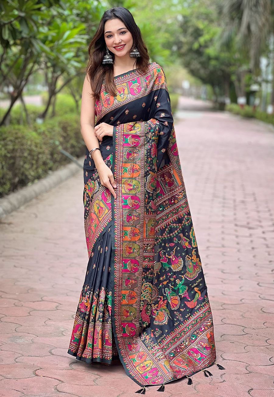 Black Silk Blend Pashmina Saree With Woven Work