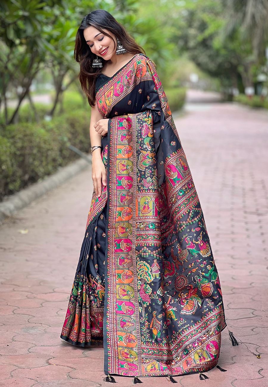 Black Silk Blend Pashmina Saree With Woven Work