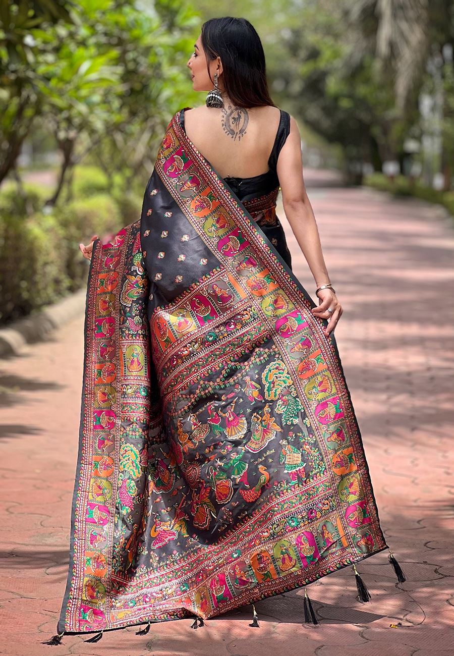 Black Silk Blend Pashmina Saree With Woven Work