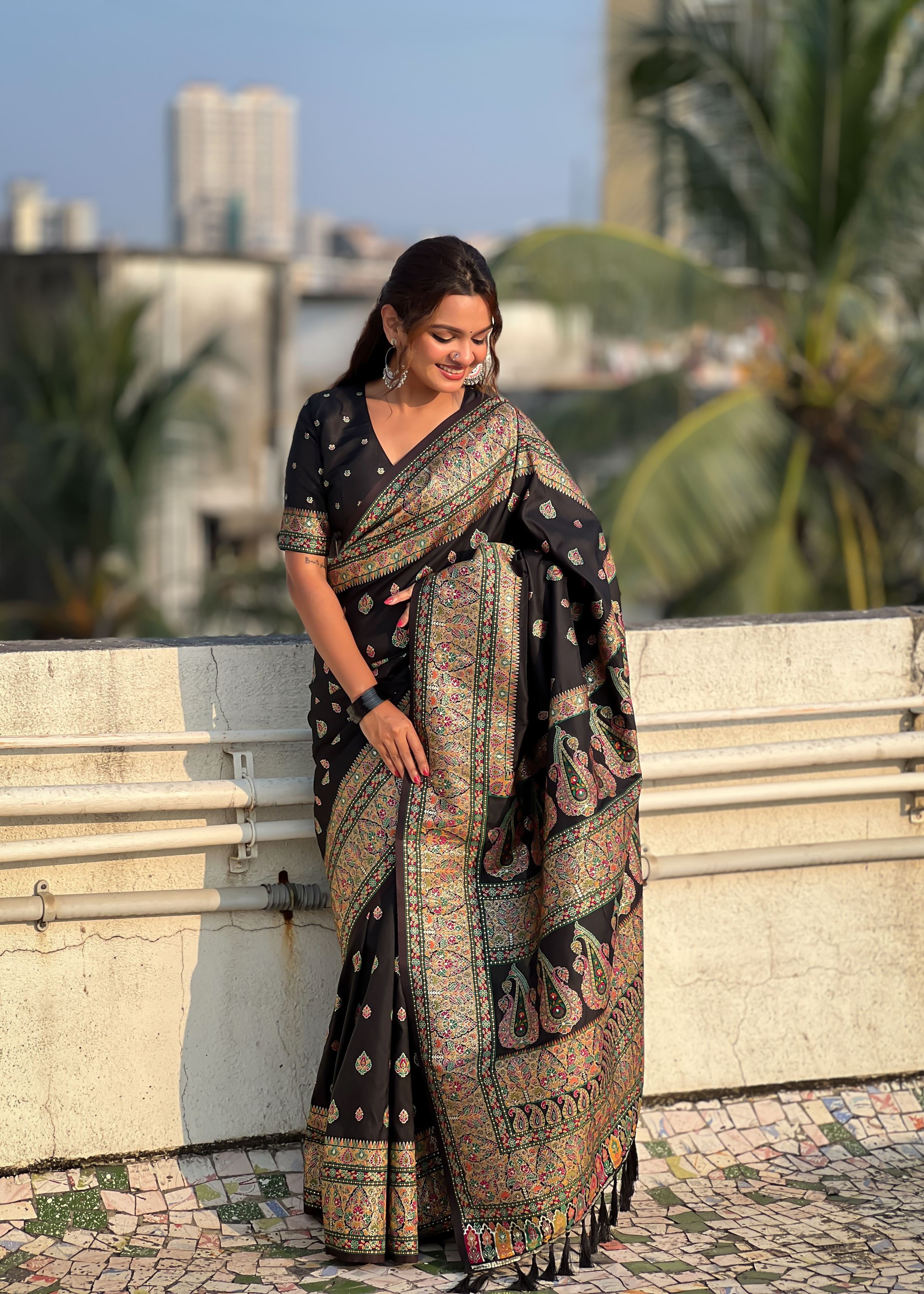 Black Silk Blend Saree With Meenakari Kashmiri woven Work