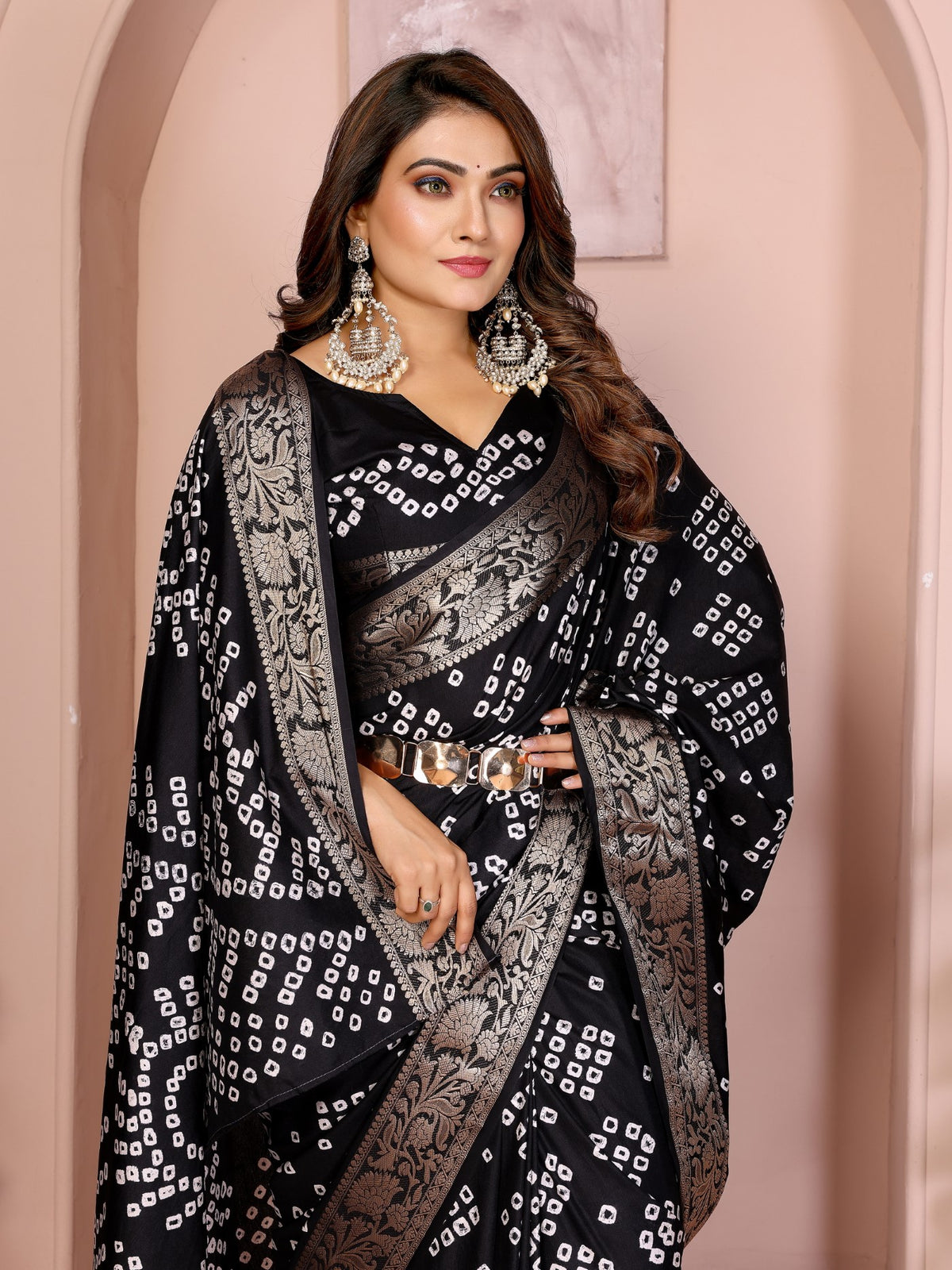 Black Silk Saree With Bandhej And Elegant Zari Weaving