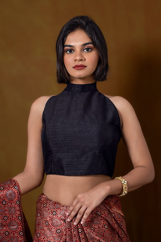 Black Sleeveless Blouse In A High Collar And A Halter Neckline with Back-Zip Closure