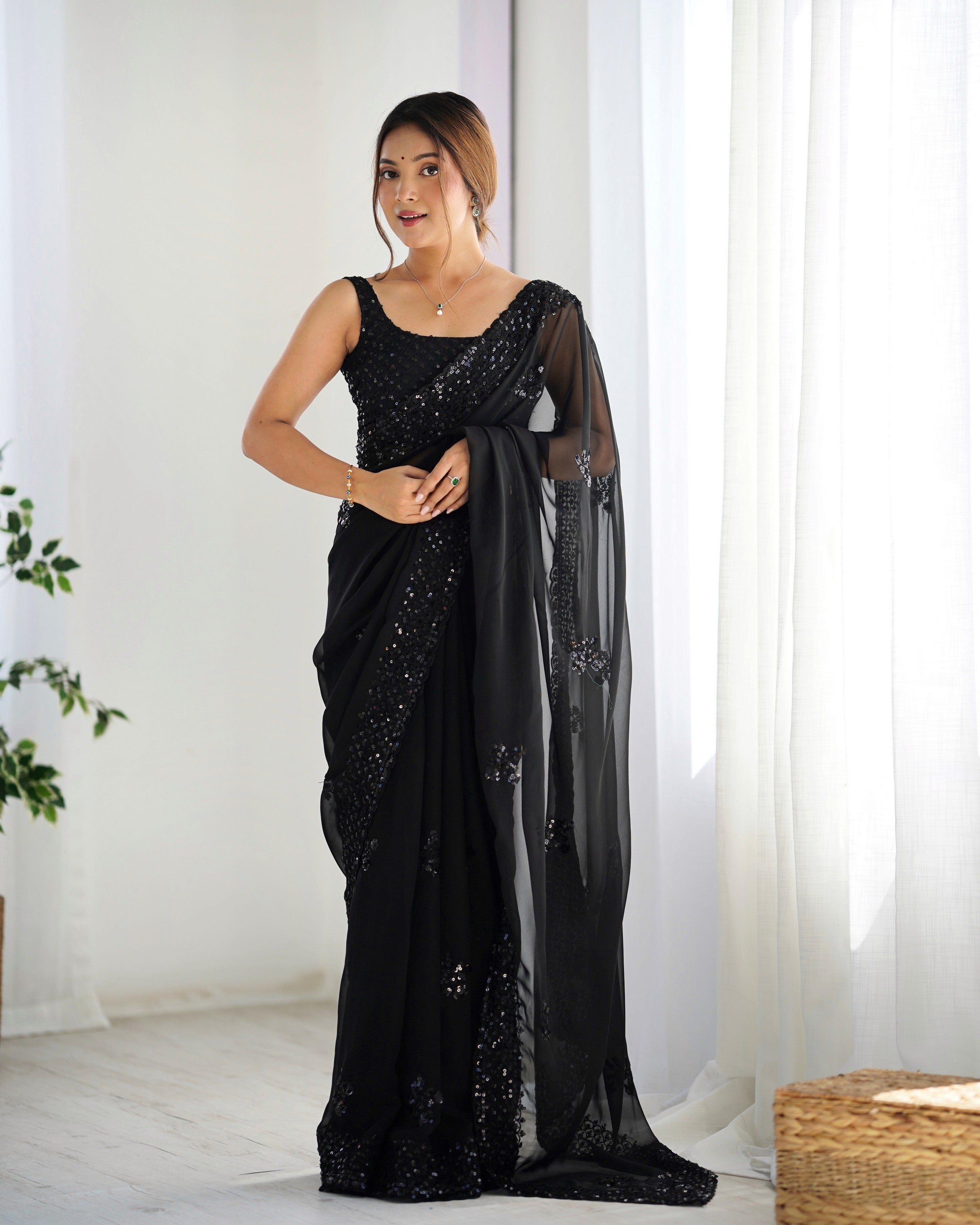 Black Smart And Sparkling Bollywood Party Style Sequins Work Saree