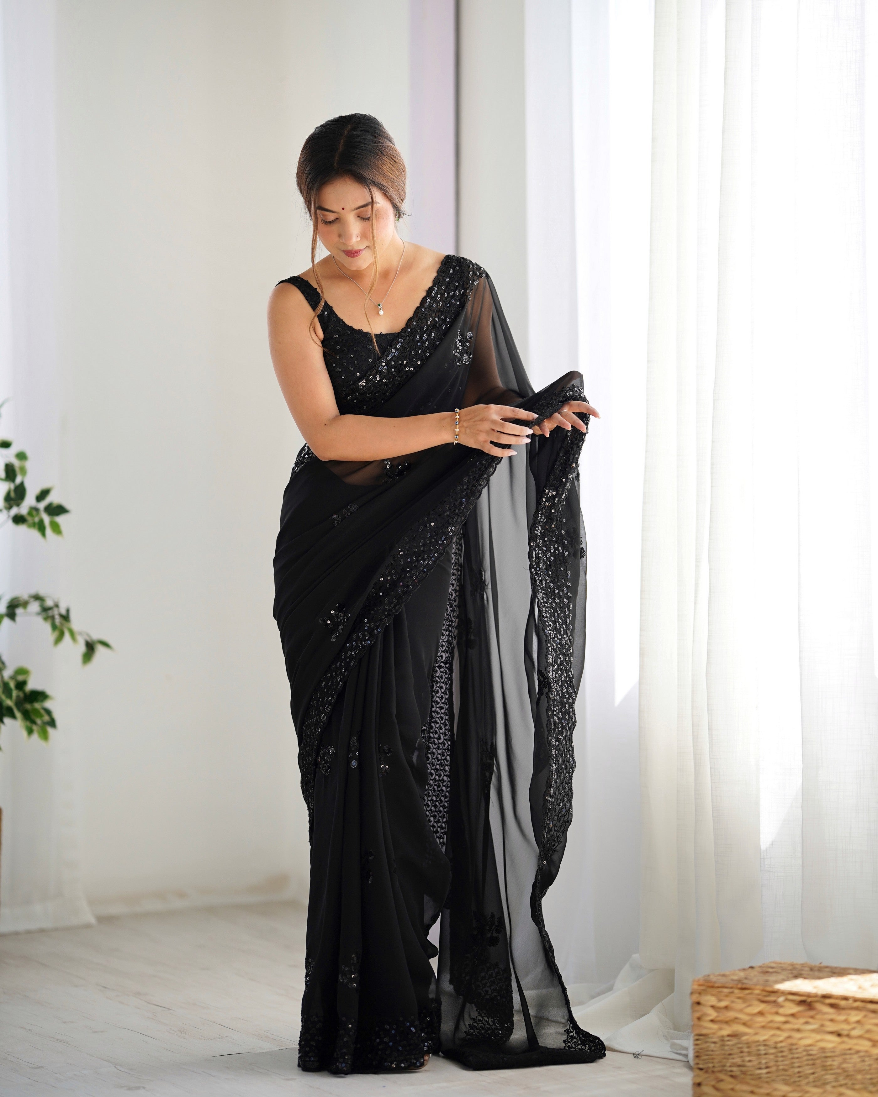 Black Smart And Sparkling Bollywood Party Style Sequins Work Saree