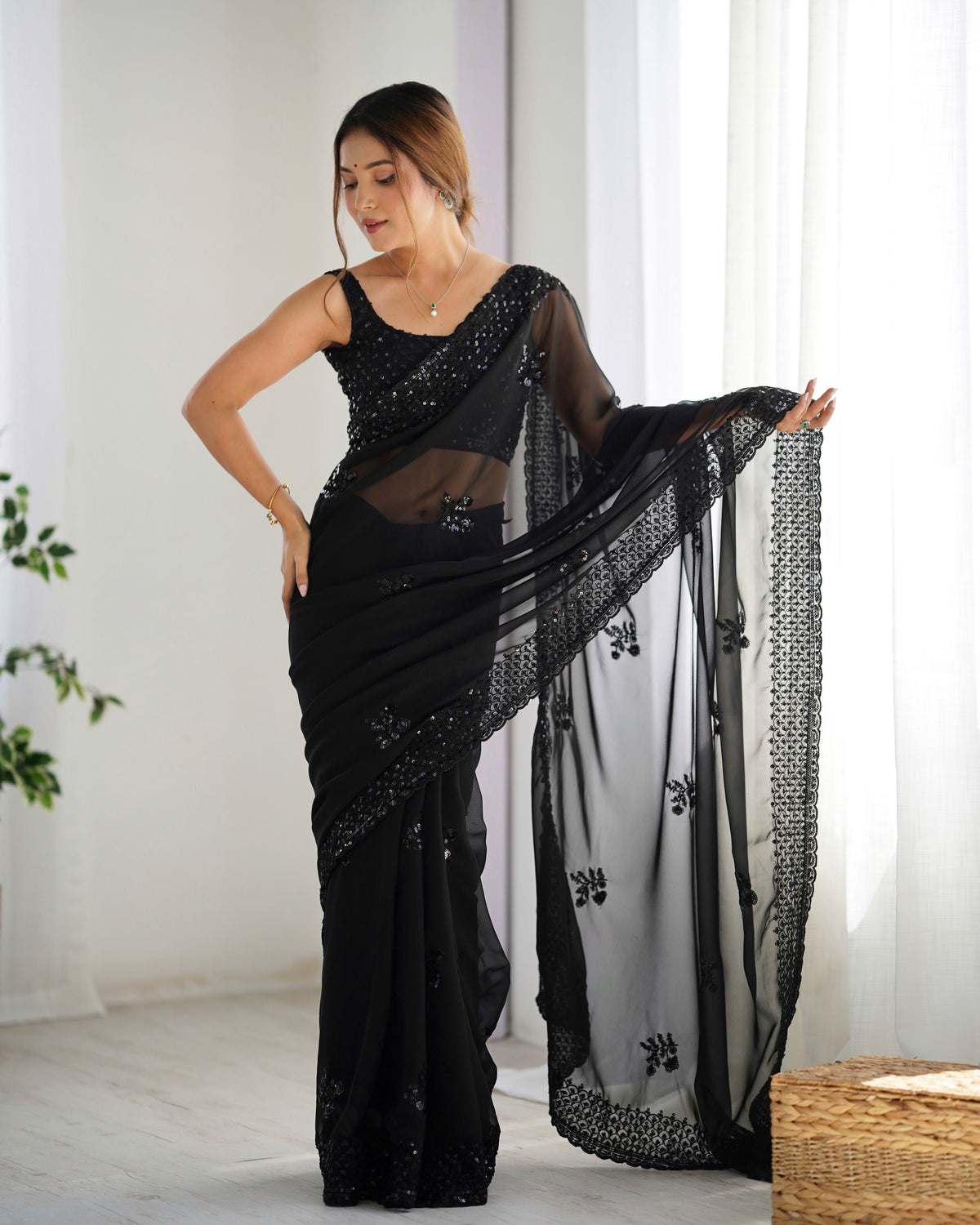 Black Smart And Sparkling Bollywood Party Style Sequins Work Saree