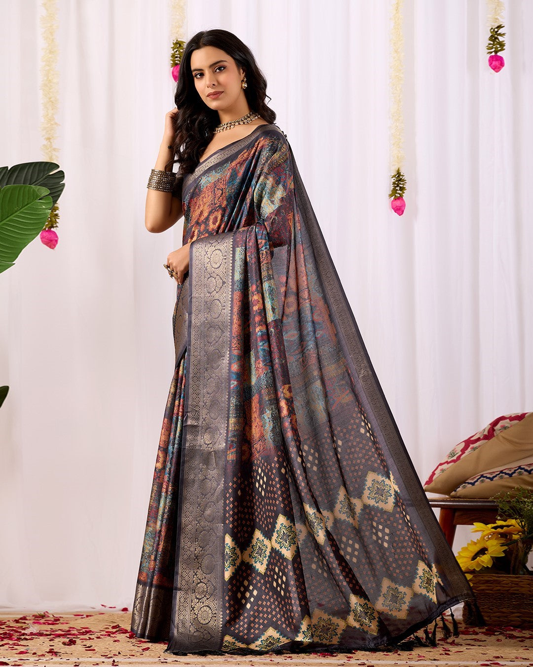 Black Soft Lichi Silk Saree With Digital Printed Classic Designer Saree