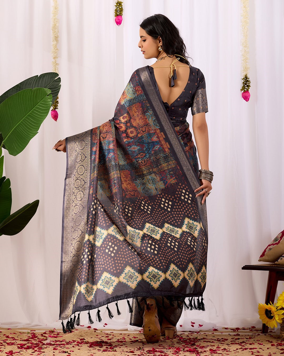 Black Soft Lichi Silk Saree With Digital Printed Classic Designer Saree