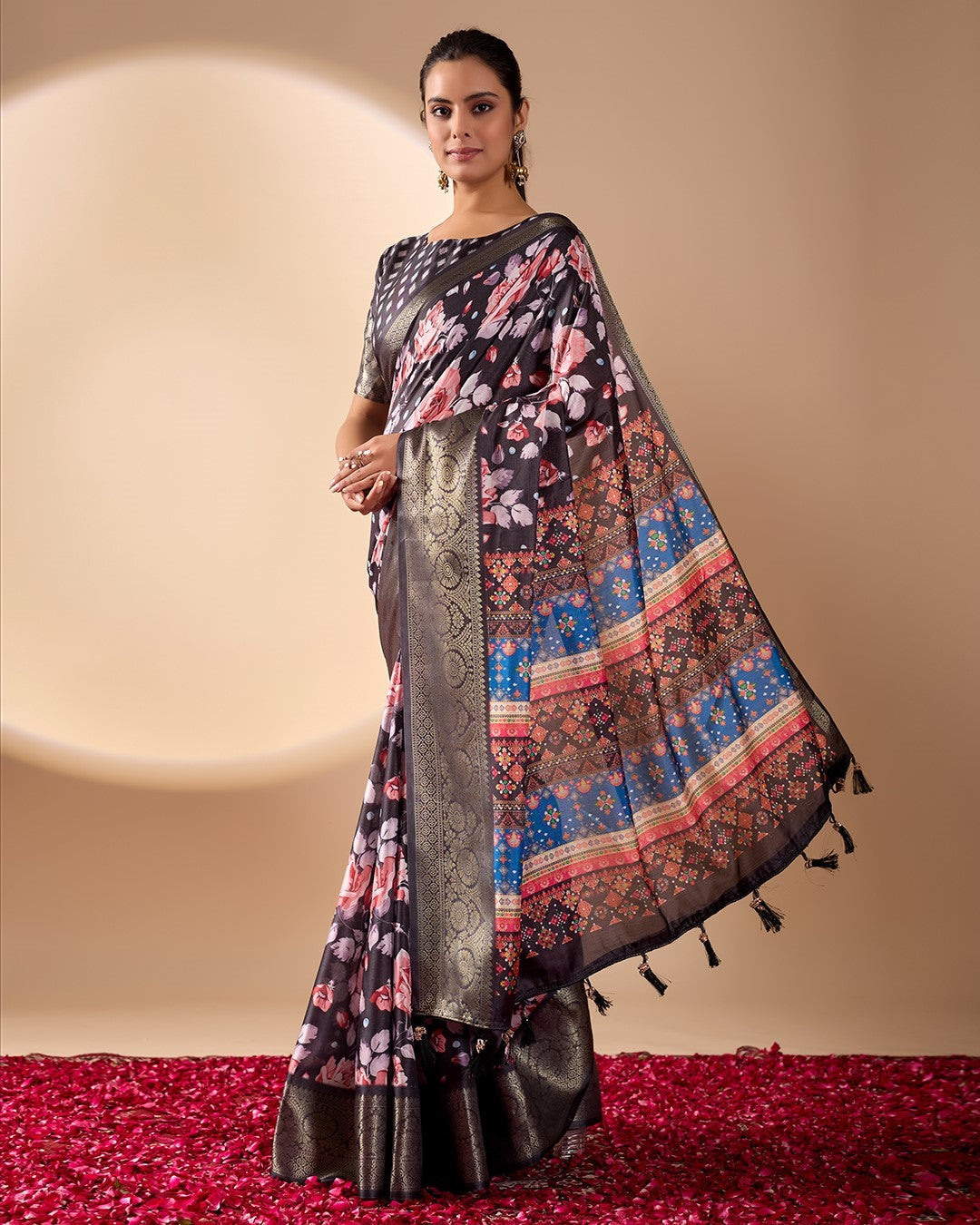 Black Soft Lichi Silk Saree With Digital Printed Premium Classic Saree