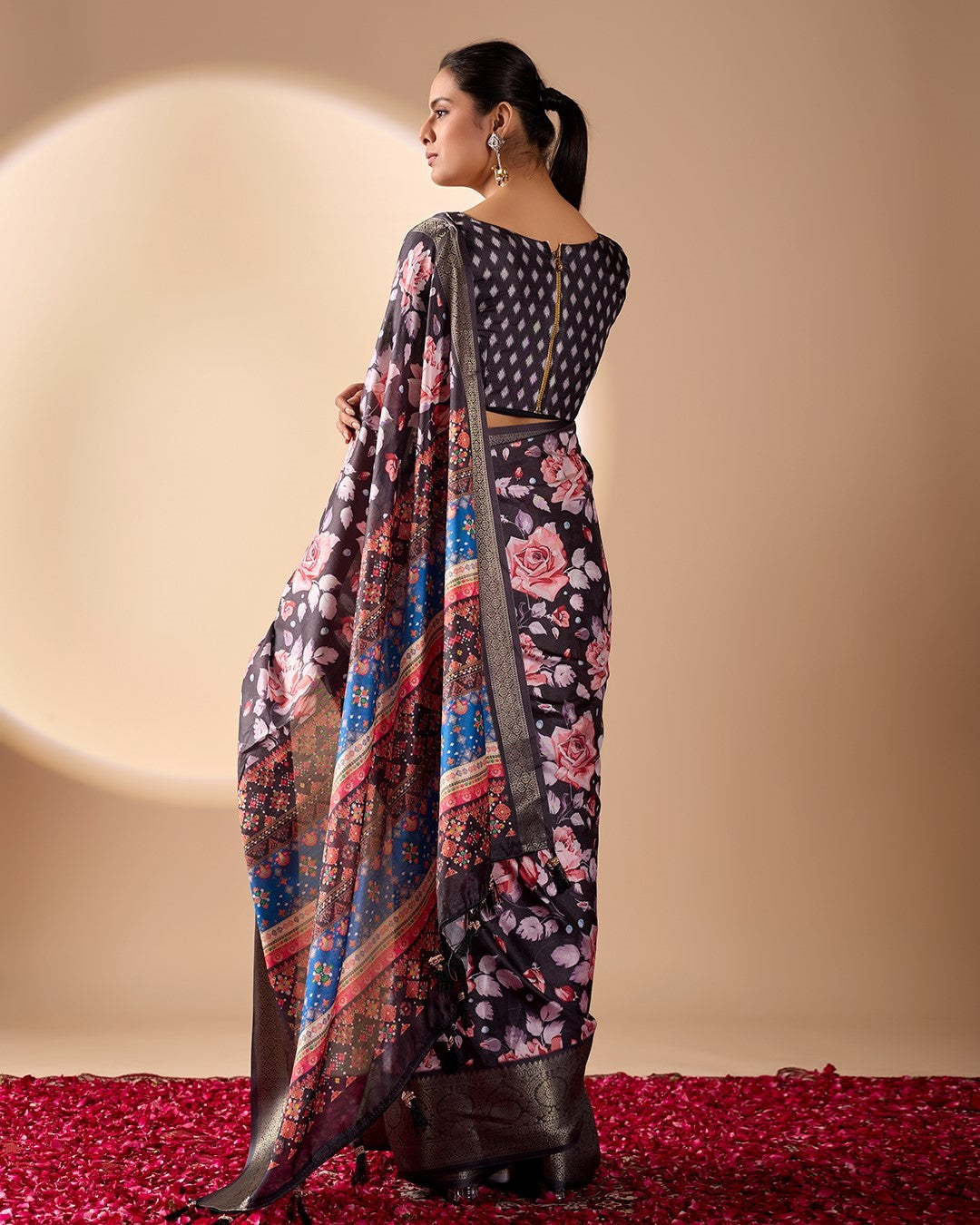 Black Soft Lichi Silk Saree With Digital Printed Premium Classic Saree