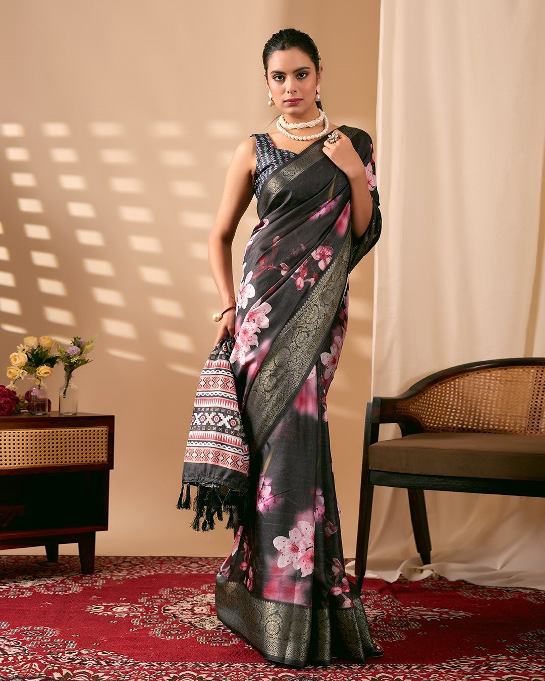 Black Soft Lichi Silk Saree With Digital Printed Premium Traditional Saree