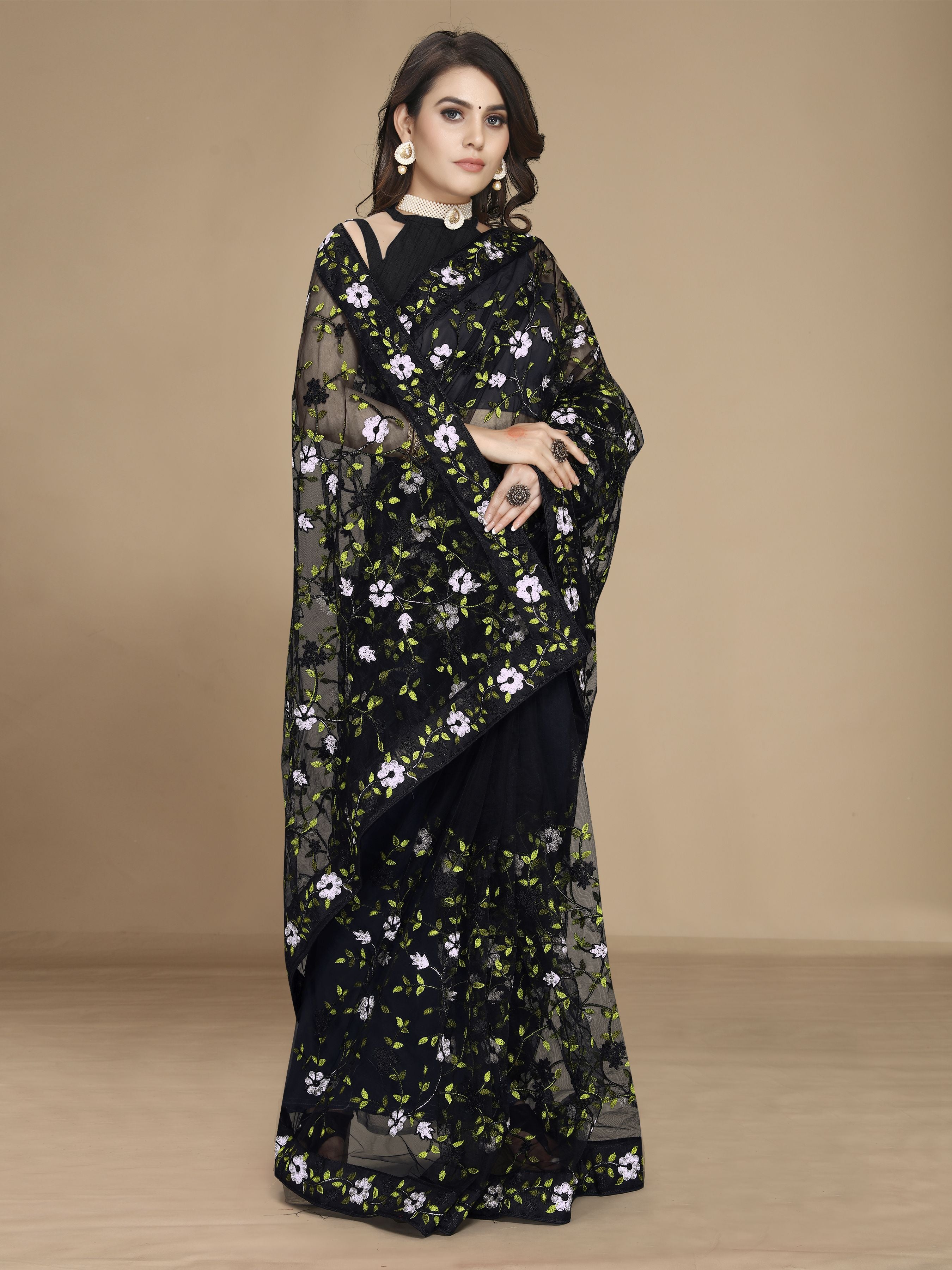 Black Soft Net Designer Multy Thread Embroidery Work Smart Partywear Saree