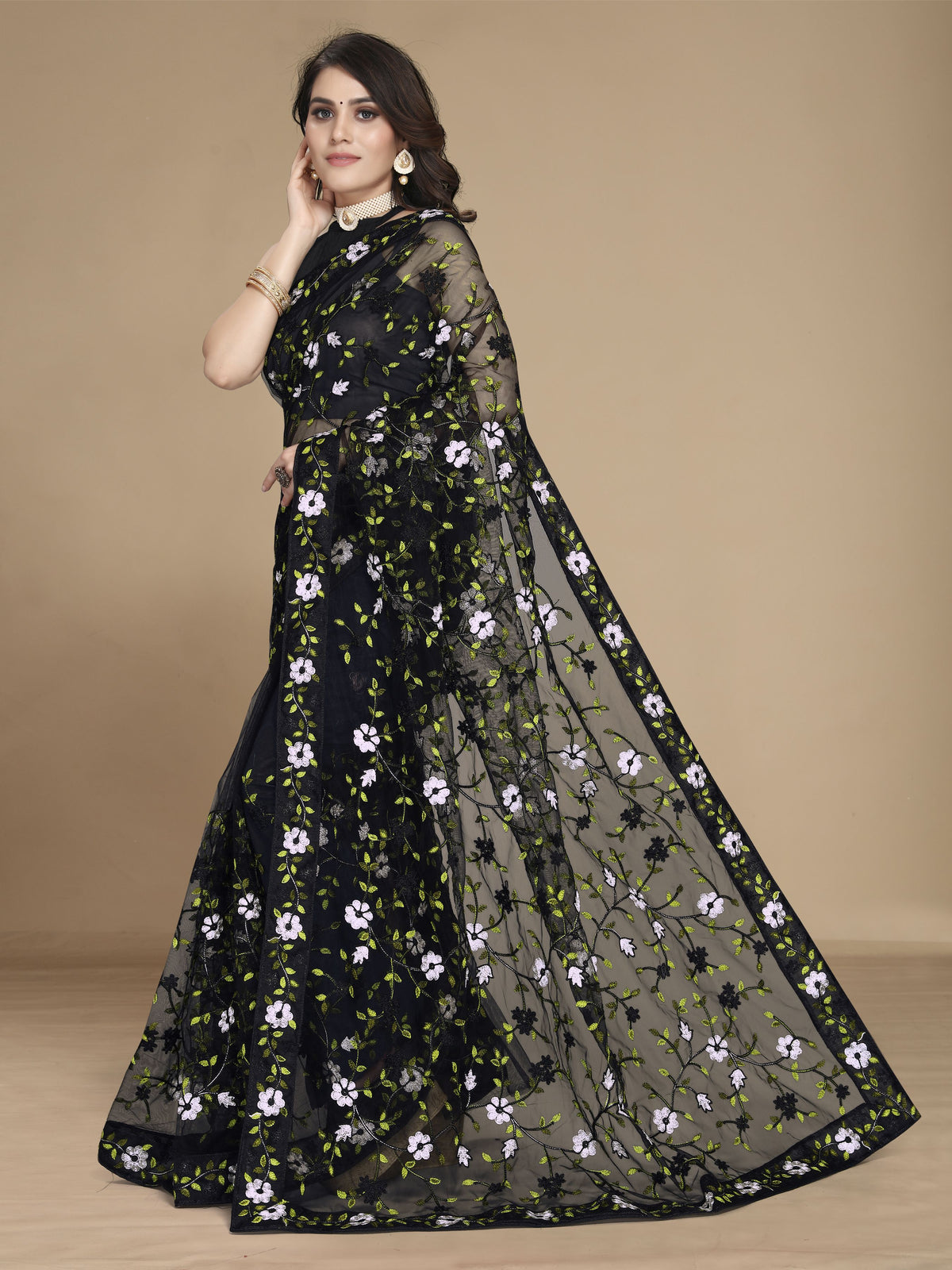 Black Soft Net Designer Multy Thread Embroidery Work Smart Partywear Saree