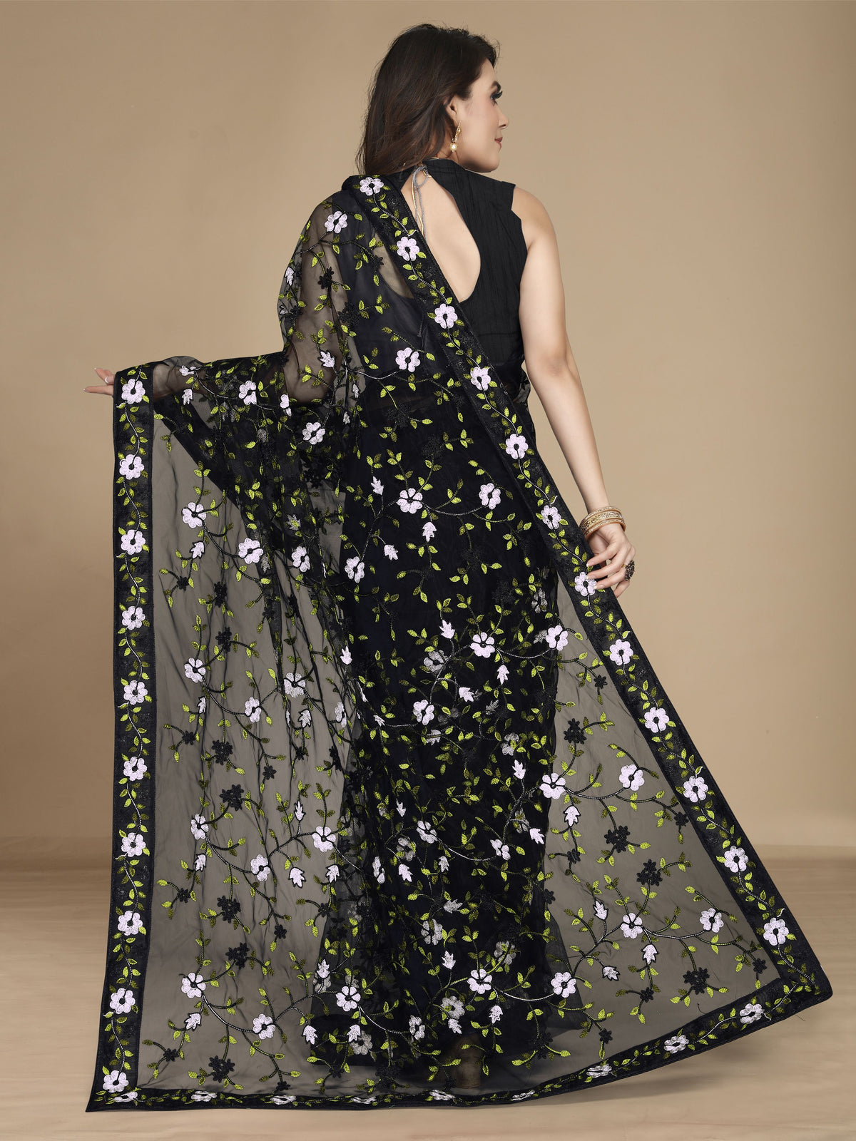 Black Soft Net Designer Multy Thread Embroidery Work Smart Partywear Saree