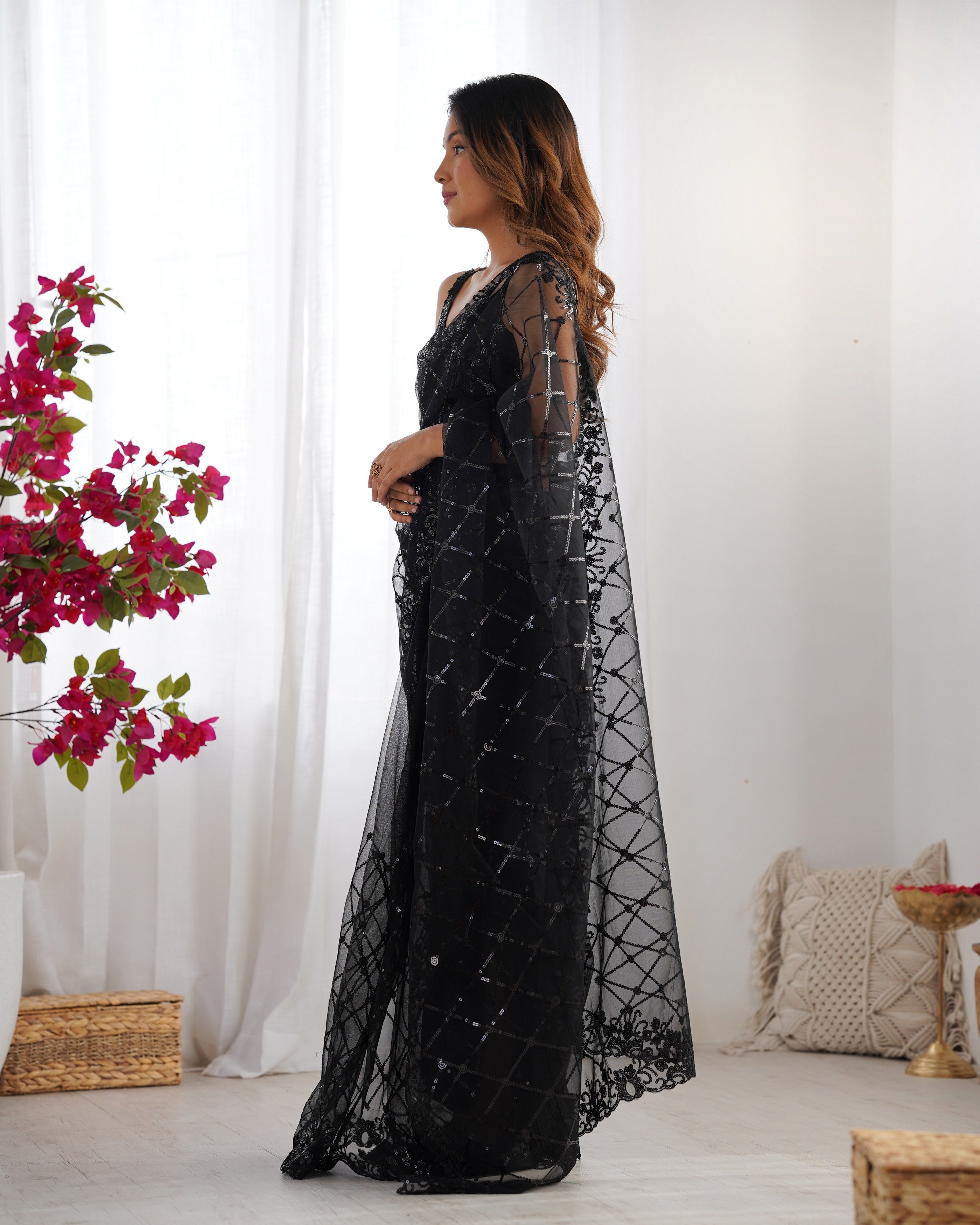Black Soft Net Designer Sequins Embroidery Work Bollywood Style Saree