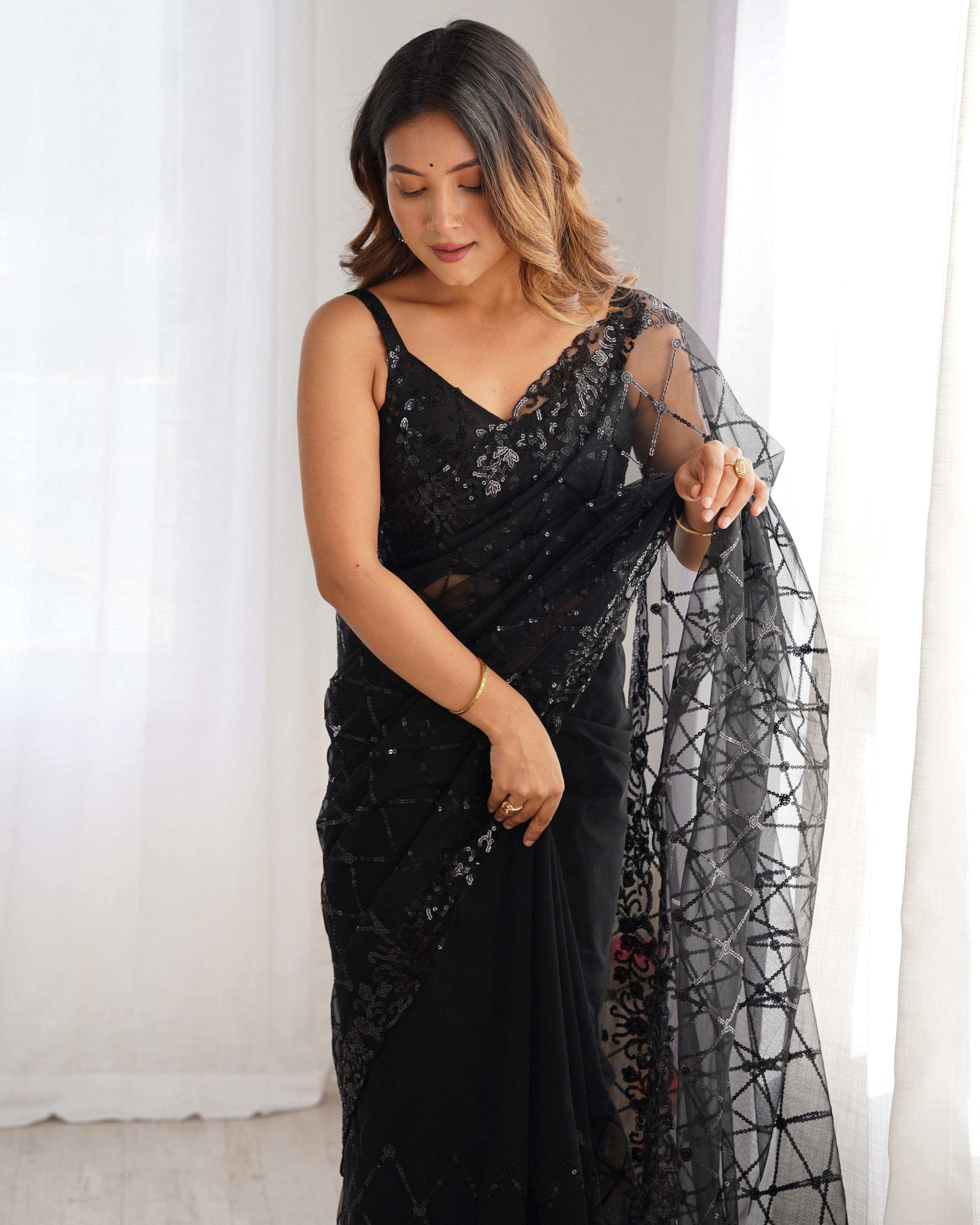 Black Soft Net Designer Sequins Embroidery Work Bollywood Style Saree