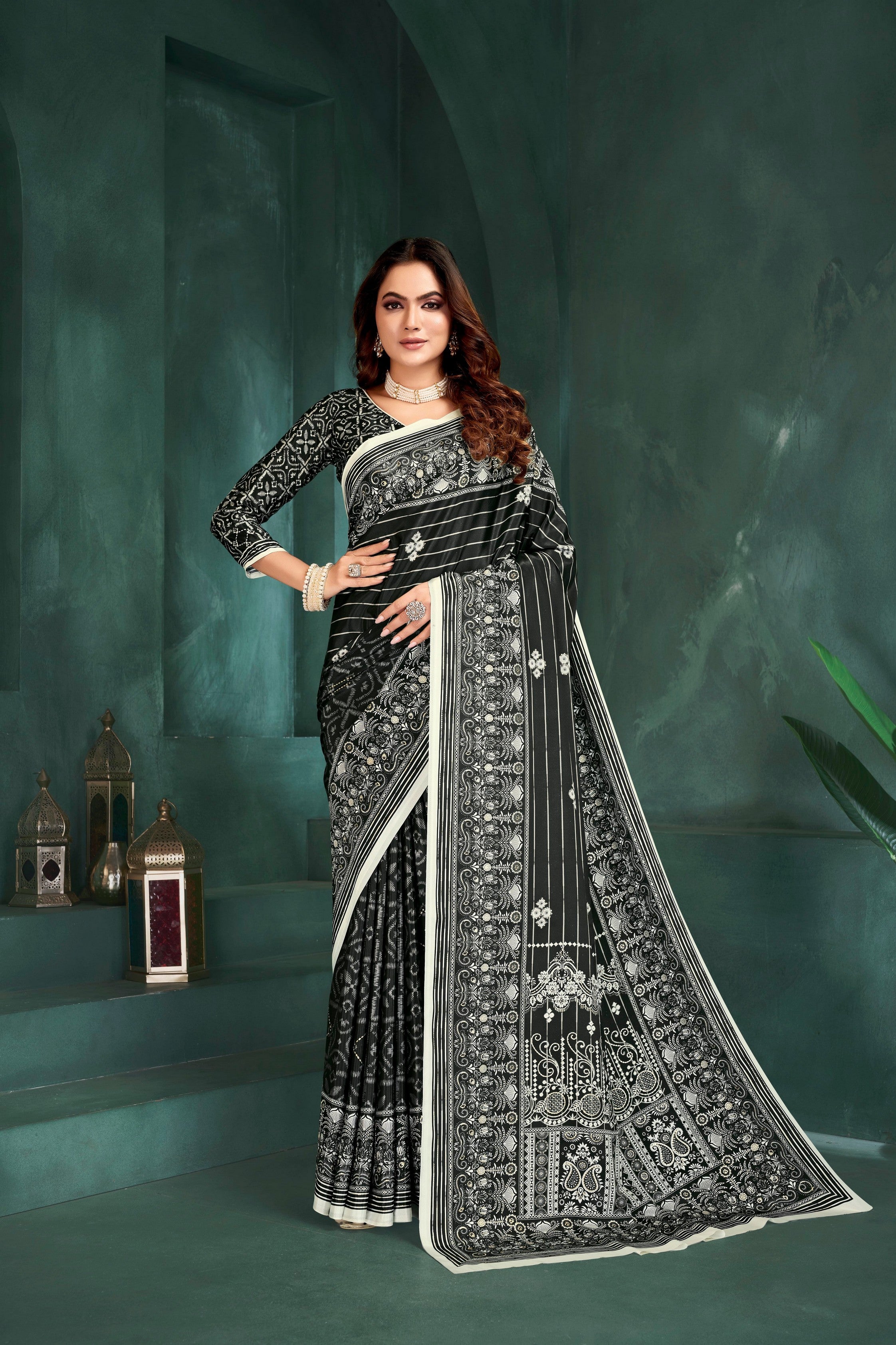 Black Sophisticated Position Digital Foil Printed Crepe Silk Saree