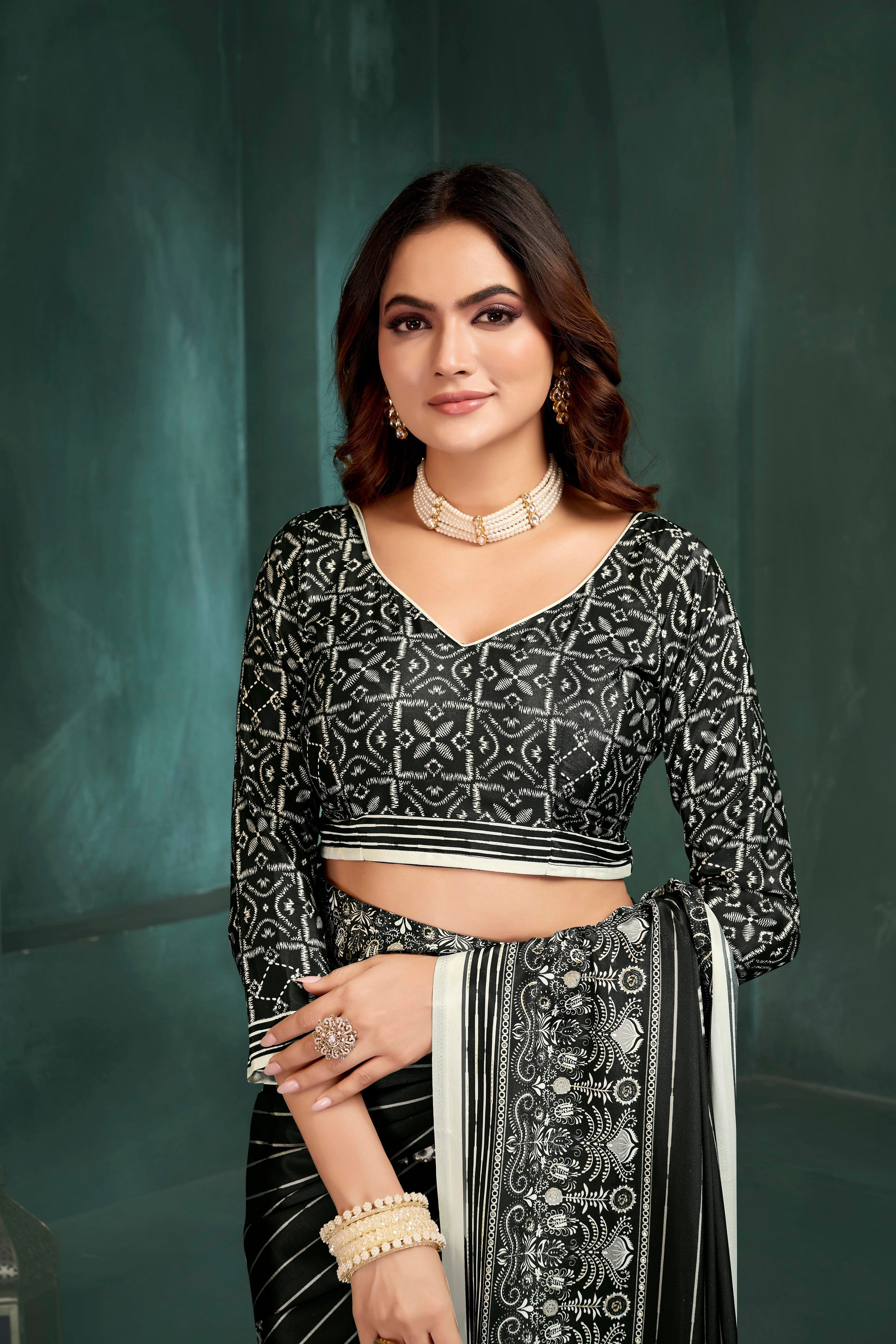 Black Sophisticated Position Digital Foil Printed Crepe Silk Saree