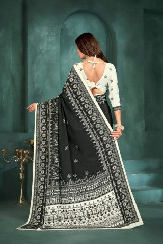 Black Sophisticated Position Digital Foil Printed Crepe Silk Saree