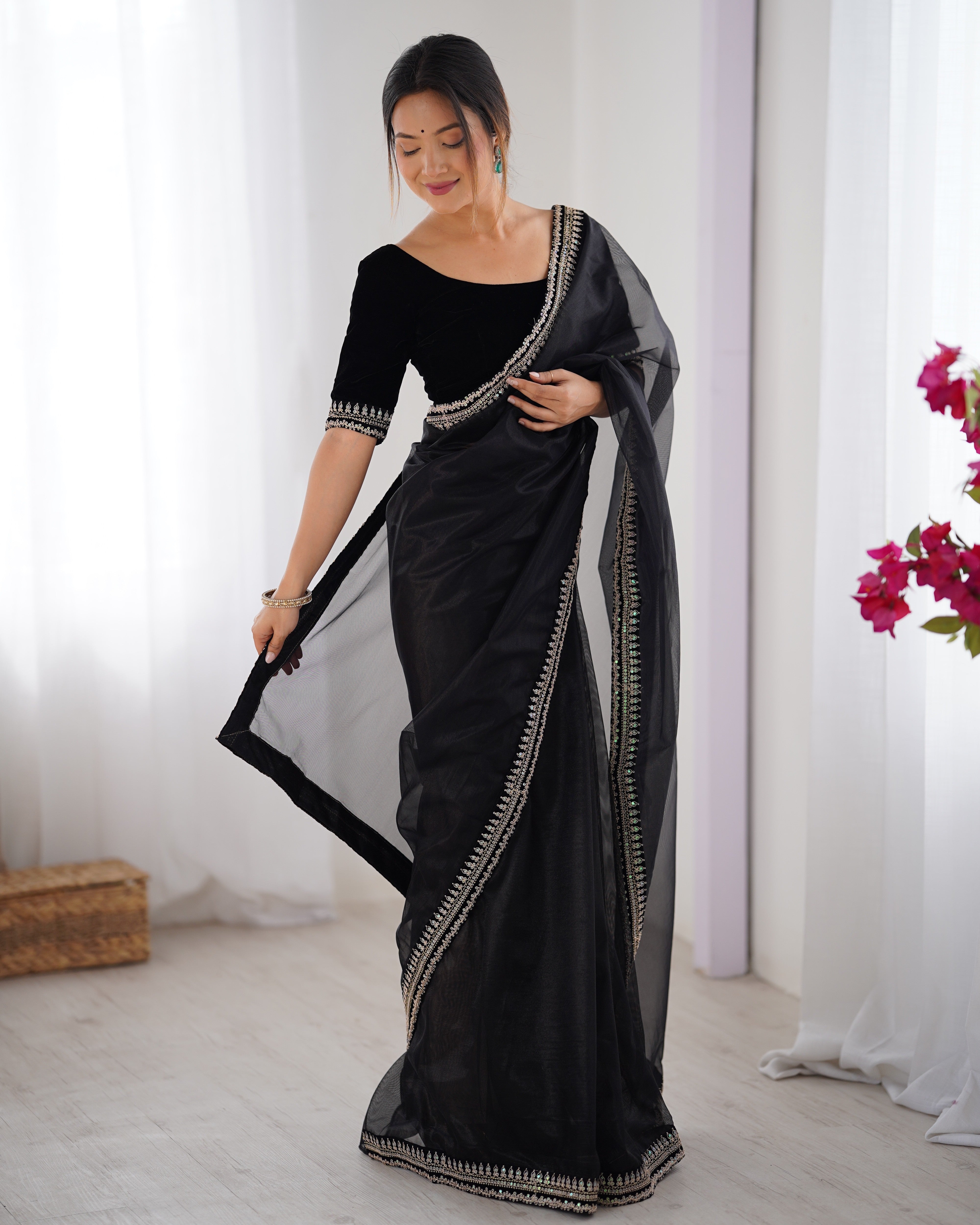 Black Twill Net Beautiful Sophisticated Rich Girlie Saree
