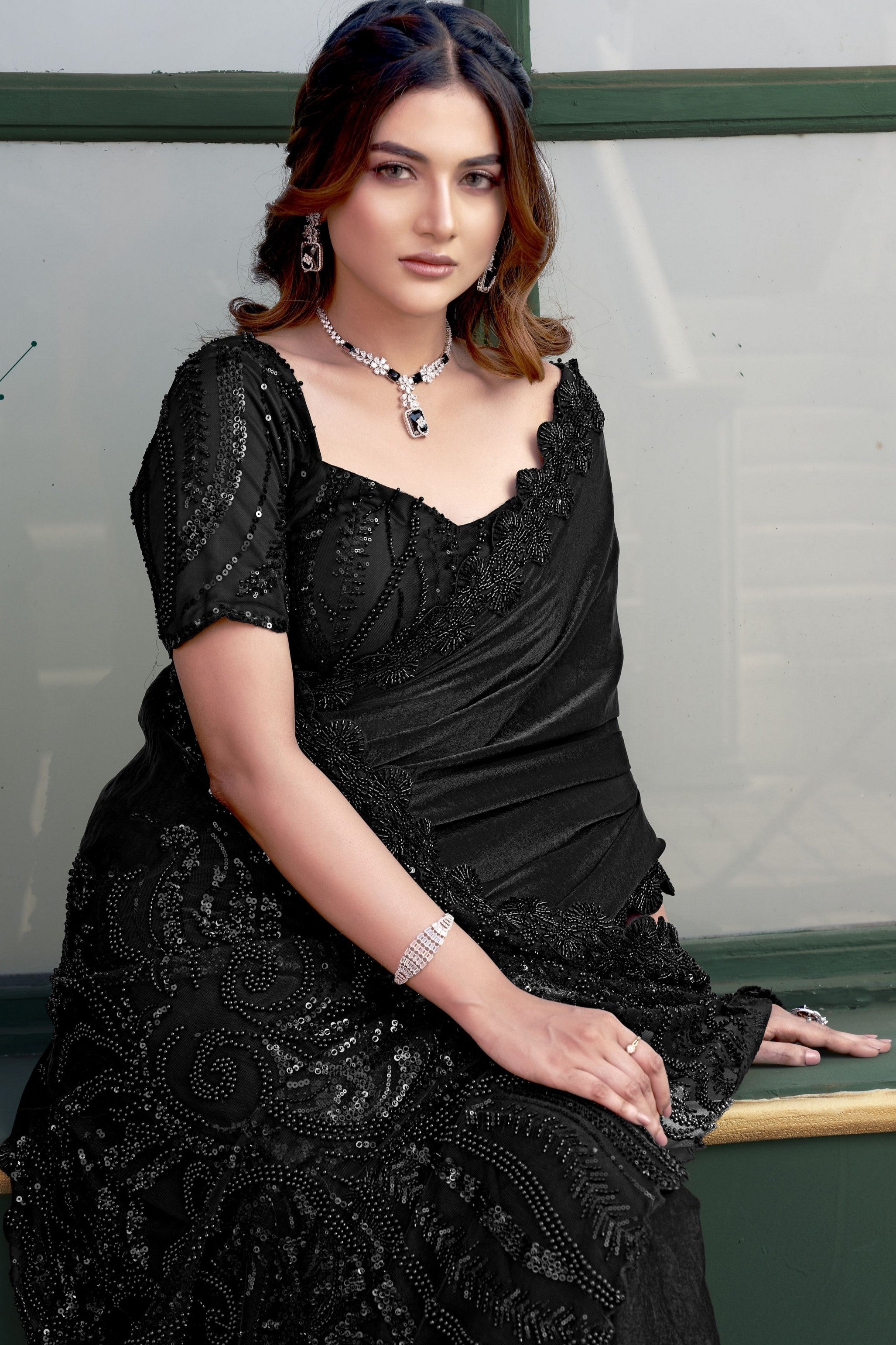 Black Versace Illusion Designer Sequence Embroidery With Hand Beads Stone Work Wedding Season Saree