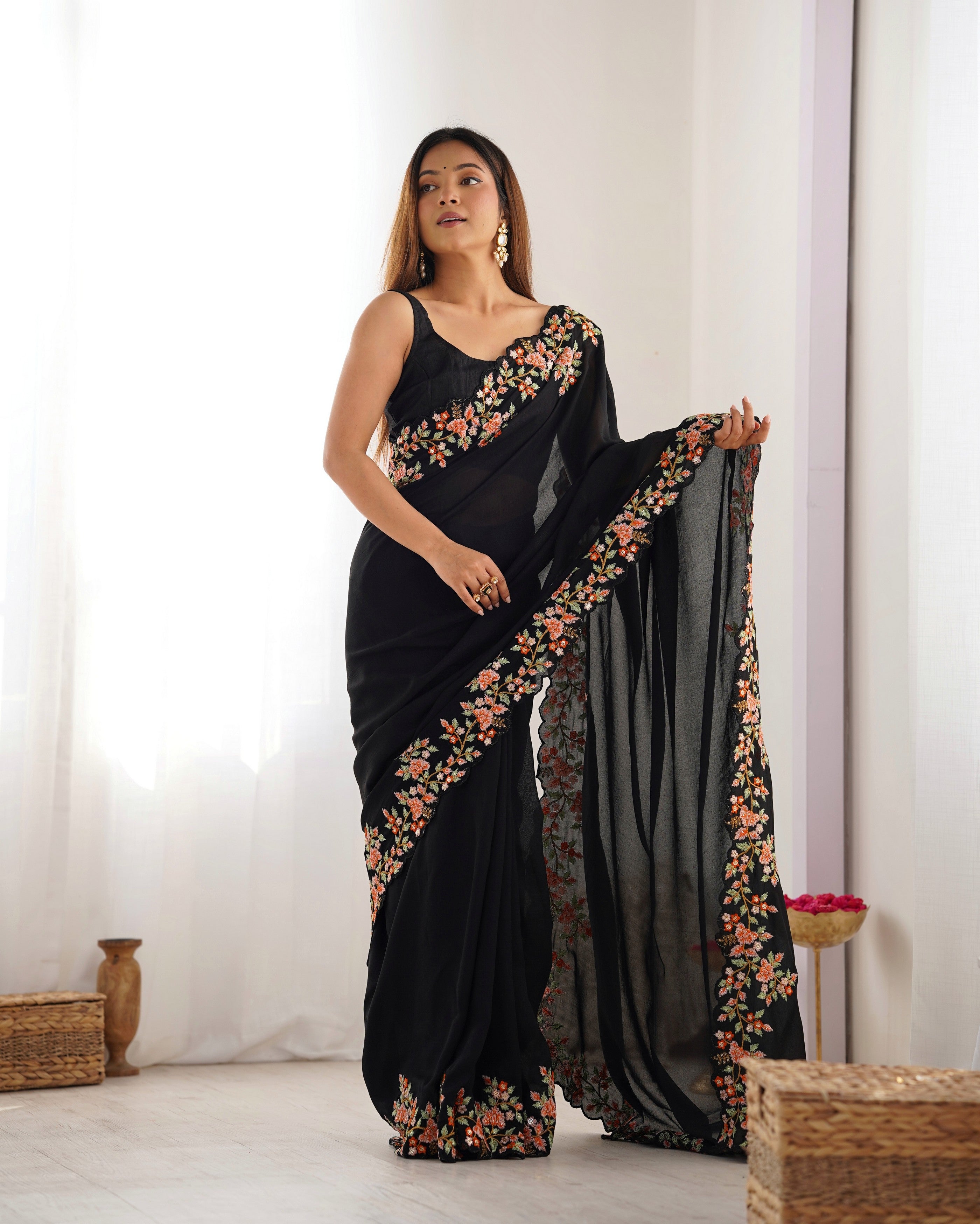 Black Vichitra Silk Designer Embrodery Work Ethnic Saree