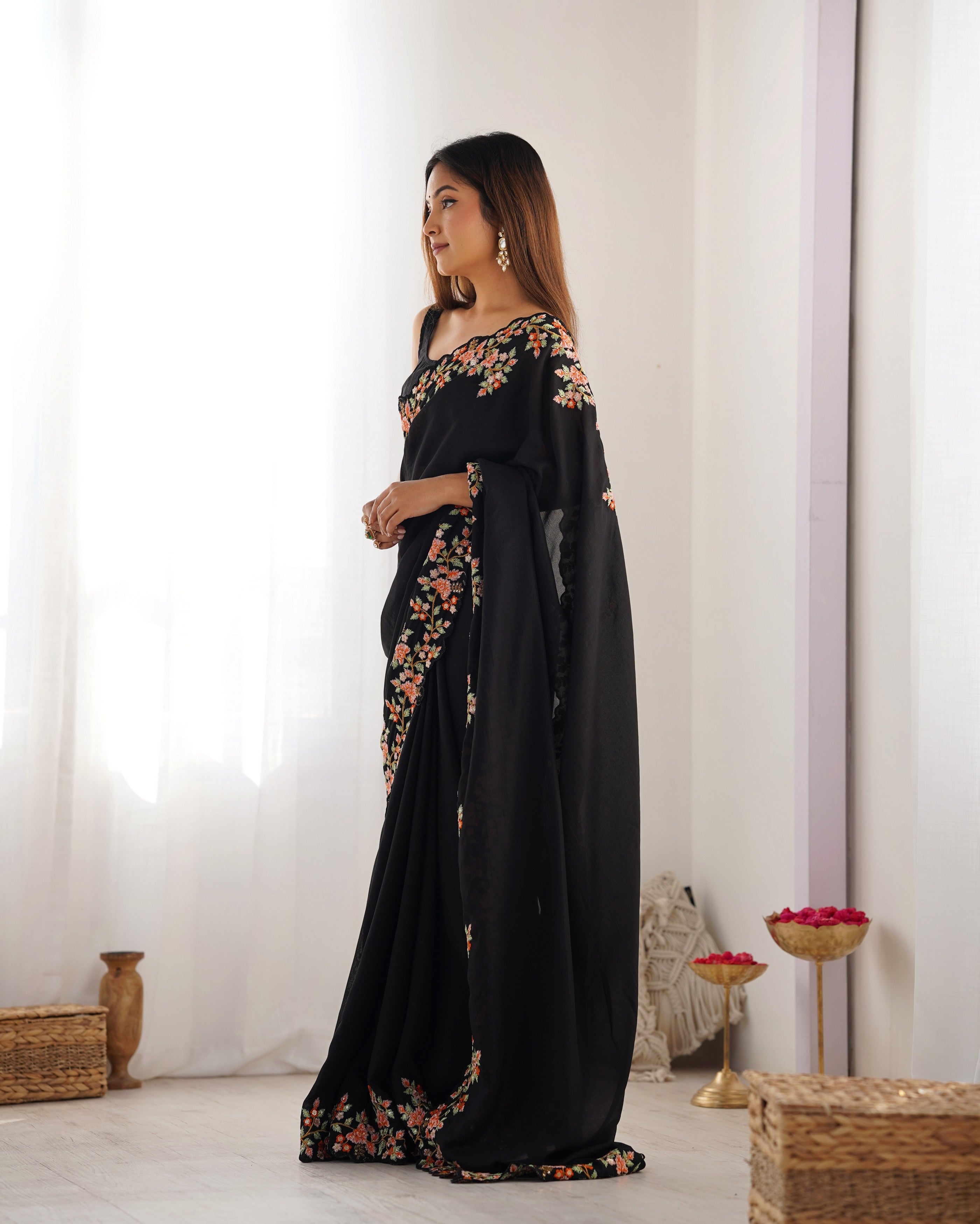 Black Vichitra Silk Designer Embrodery Work Ethnic Saree