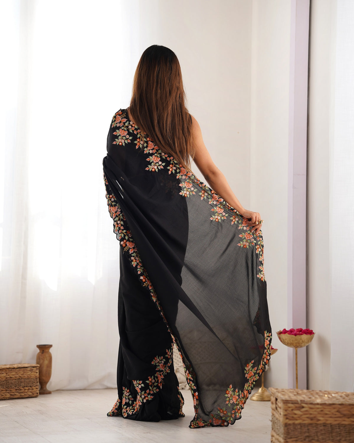 Black Vichitra Silk Designer Embrodery Work Ethnic Saree